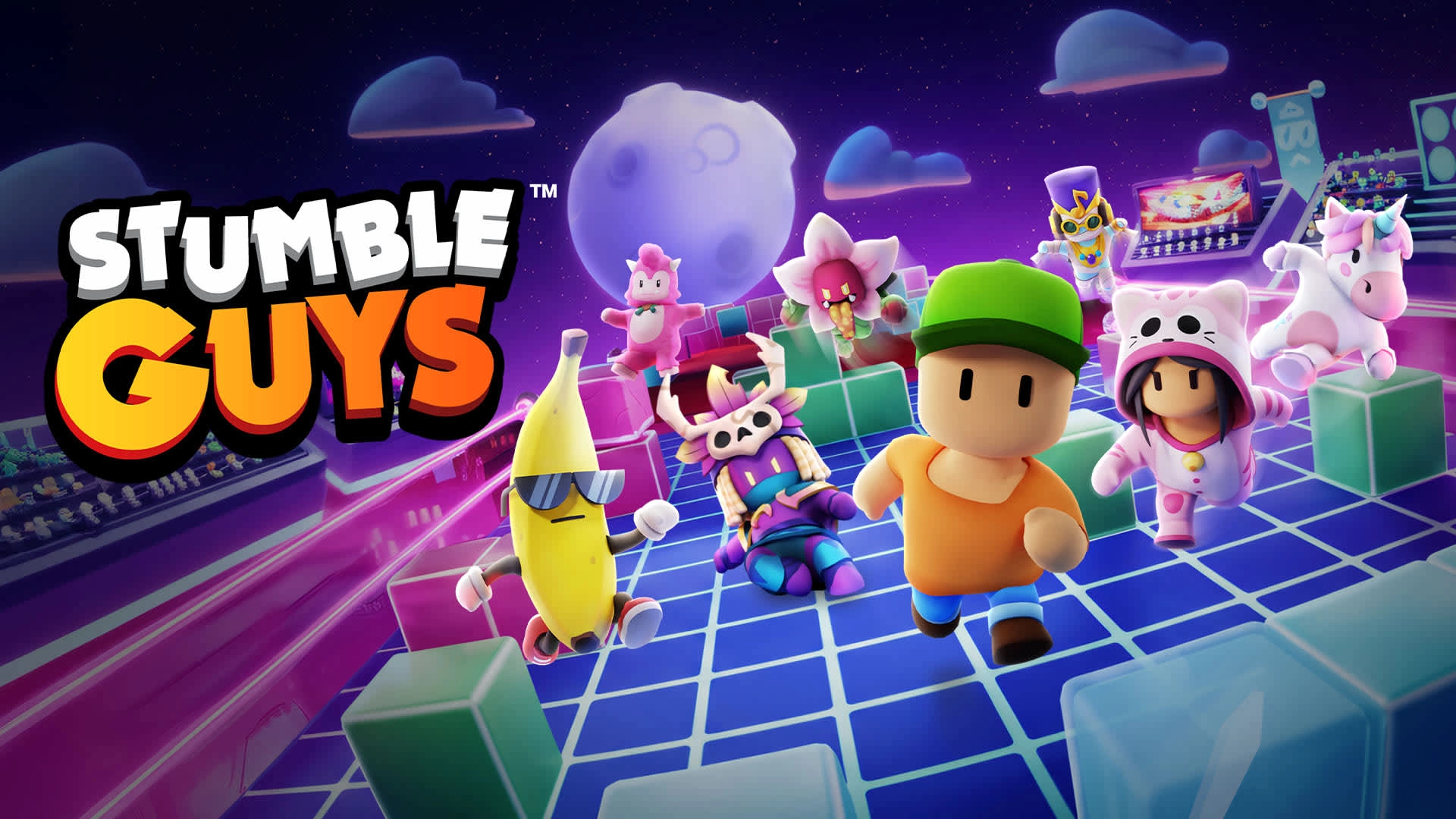 Colorful characters from Stumble Guys navigate a vibrant, playful digital landscape, showcasing free fun on Nintendo Switch.