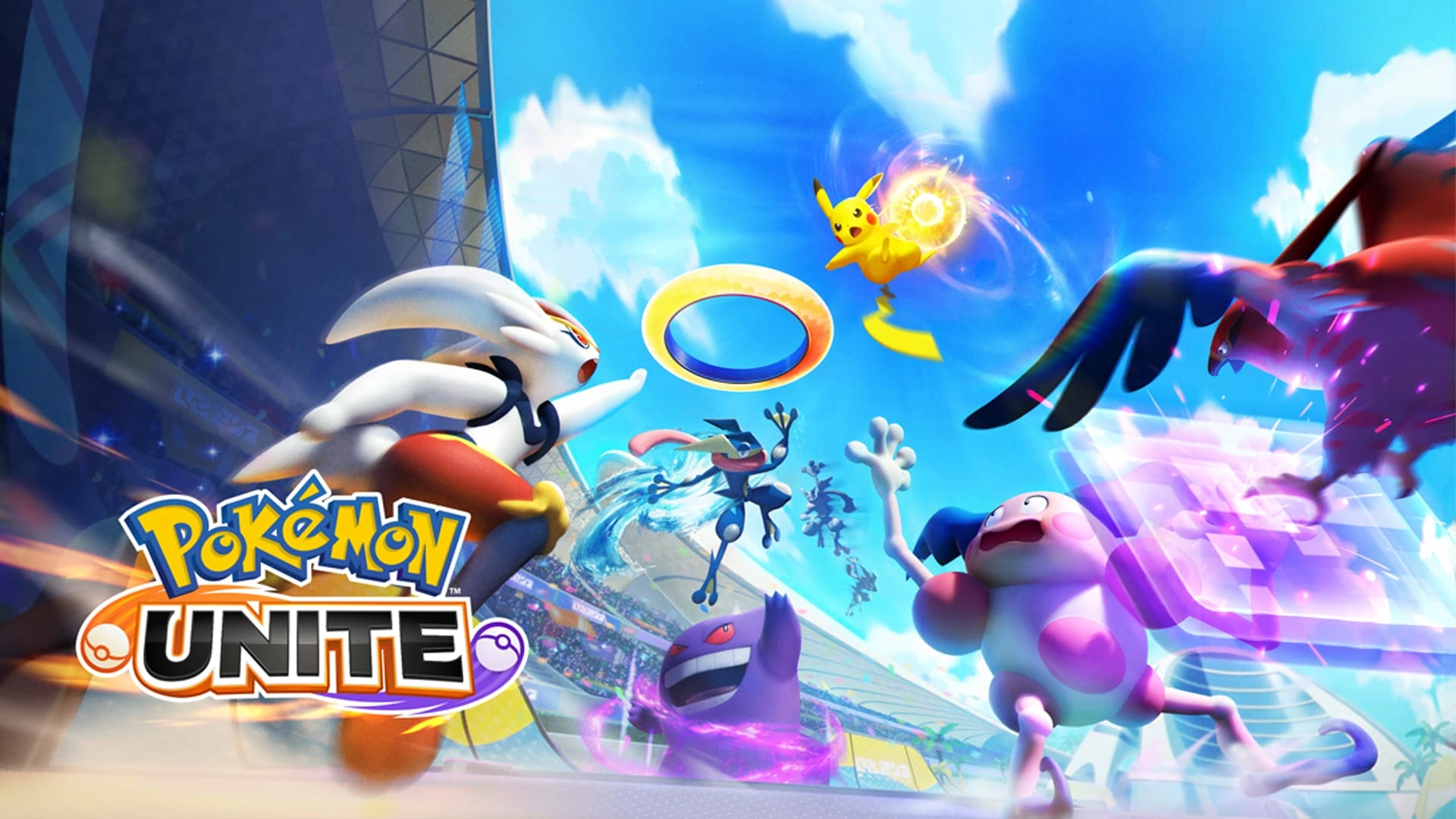 Exciting gameplay scene from Pokémon UNITE, showcasing colorful characters battling in a vibrant arena.