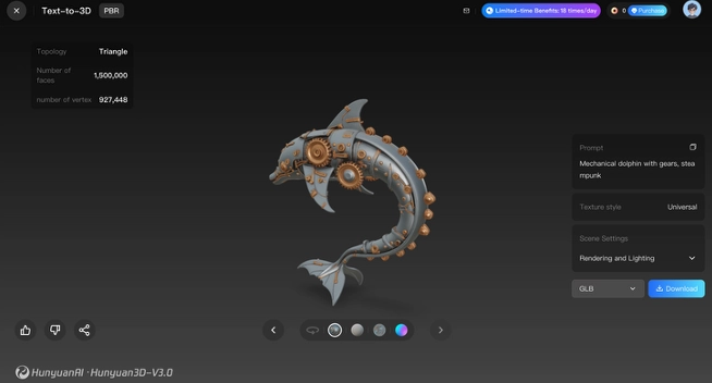 Alt text: "Mechanical dolphin 3D model created with Tencent