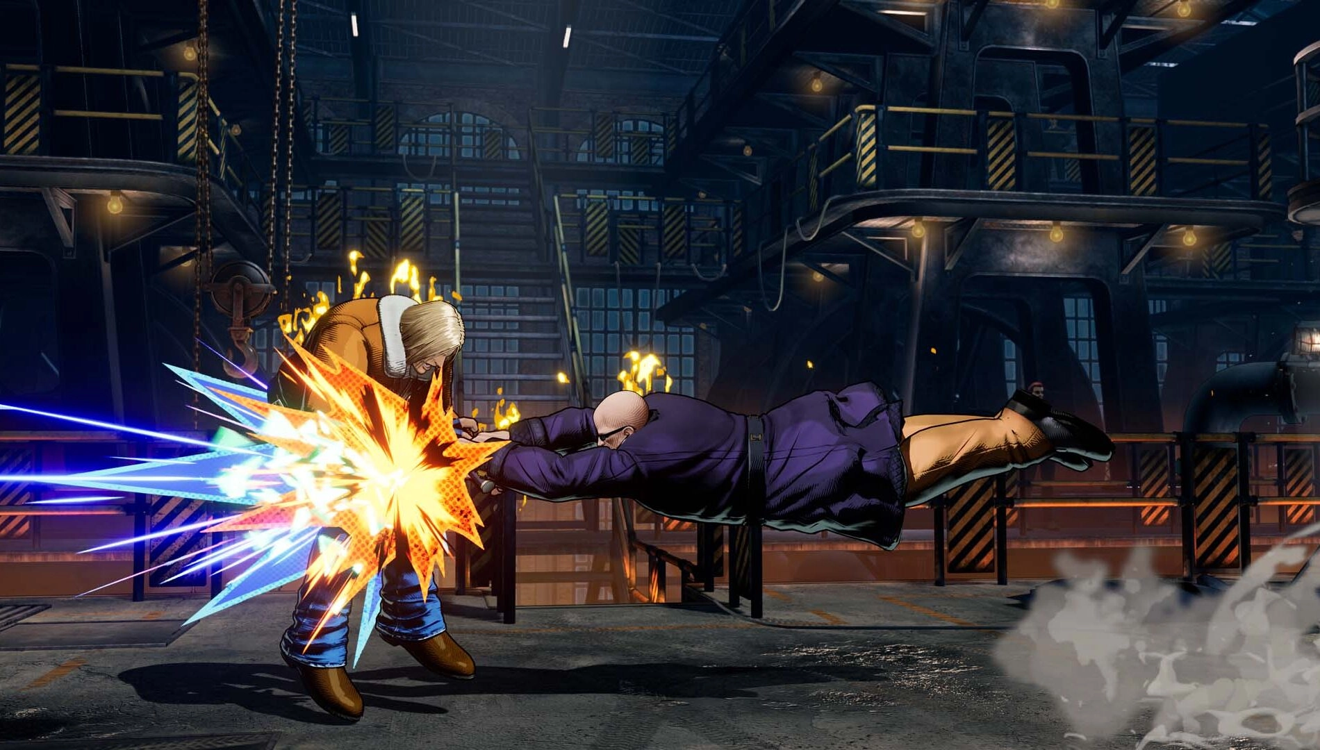 Mr. Big executes a powerful attack on his opponent in an industrial setting, showcasing his signature combat style.