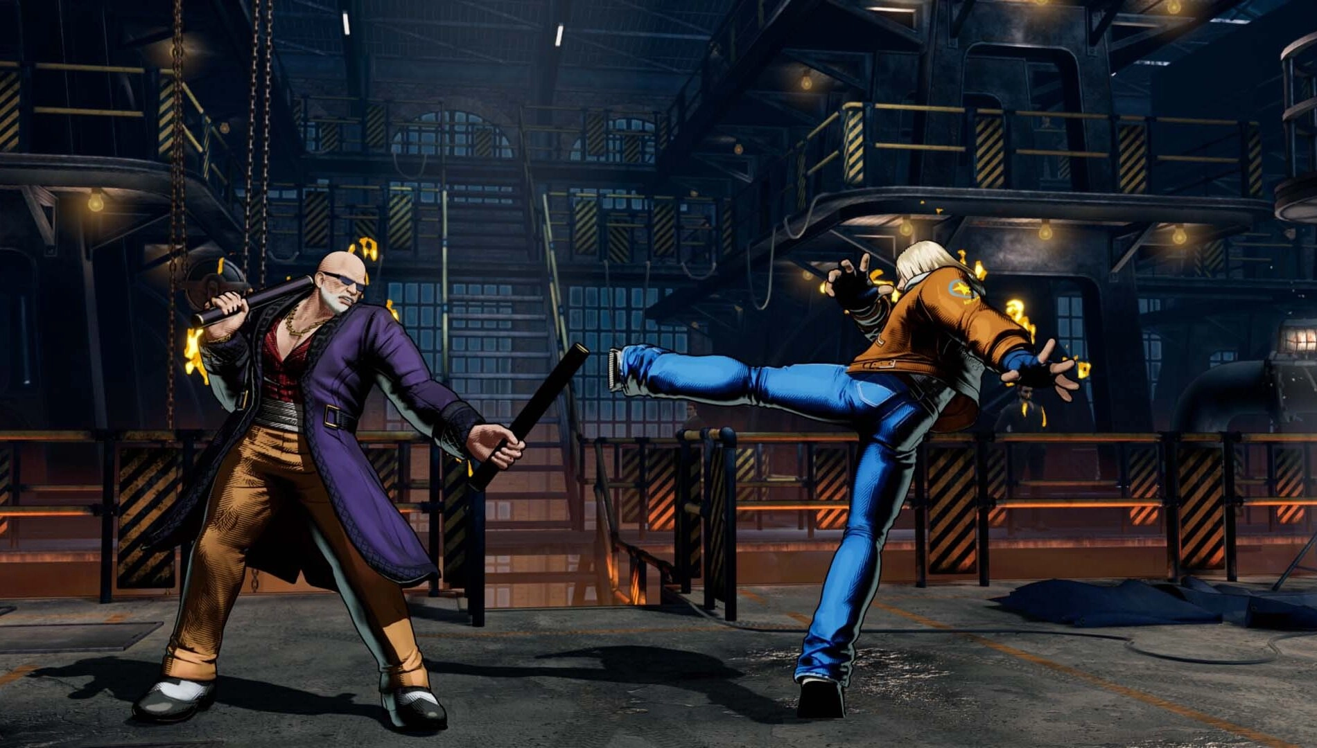 Mr. Big battles an opponent in a dynamic scene from Fatal Fury: City of the Wolves, showcasing his unique fighting style.