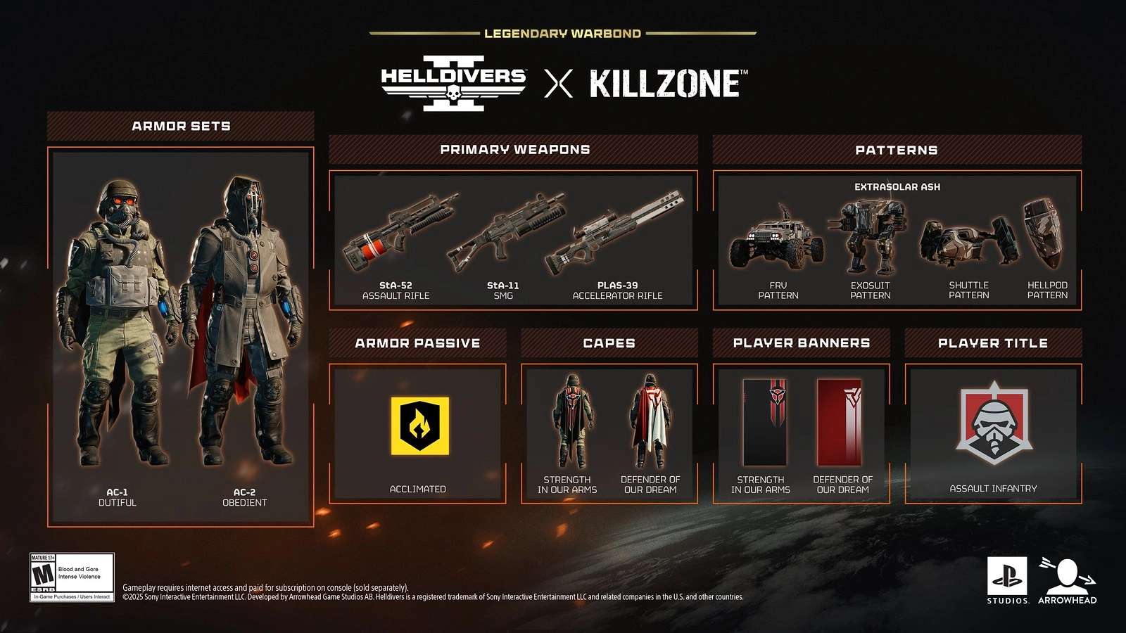 Helldivers 2 x Killzone Legendary Warbond announcement with armor sets, weapons, and player items details for gamers.