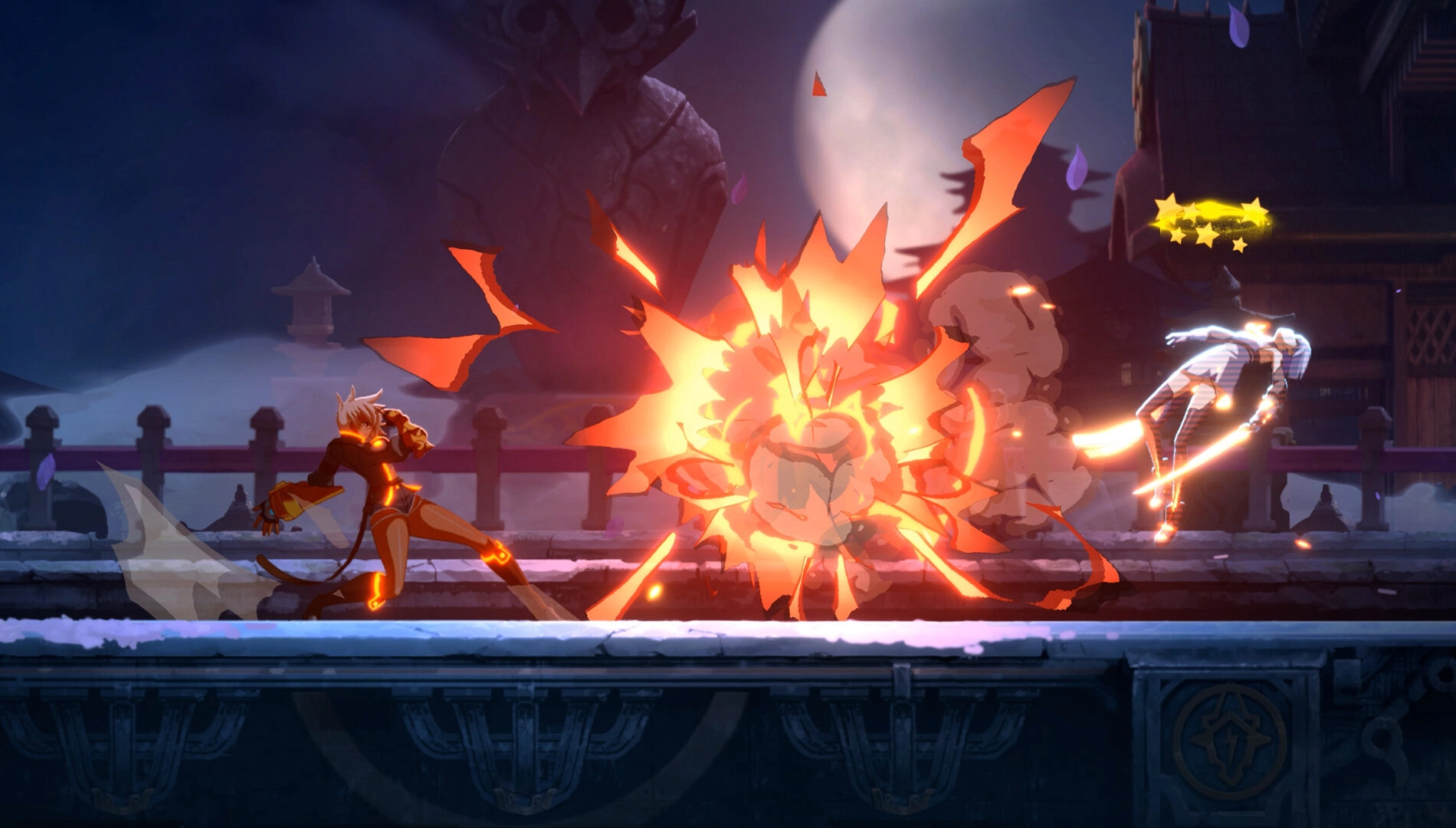 BlazBlue Entropy Effect X gameplay scene featuring a dynamic fight with explosive effects and character action.