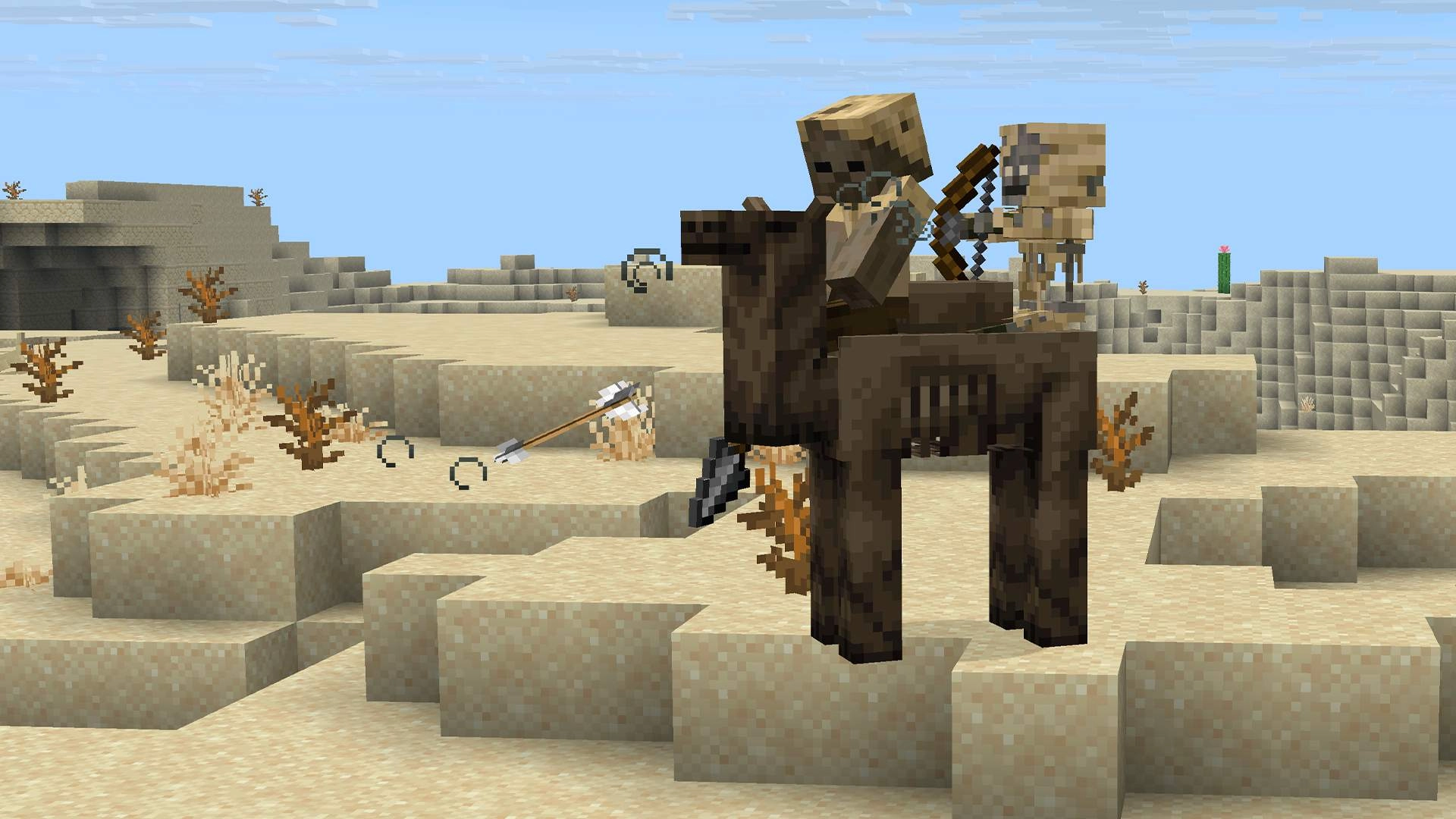 Two skeletons riding a horse in Minecraft