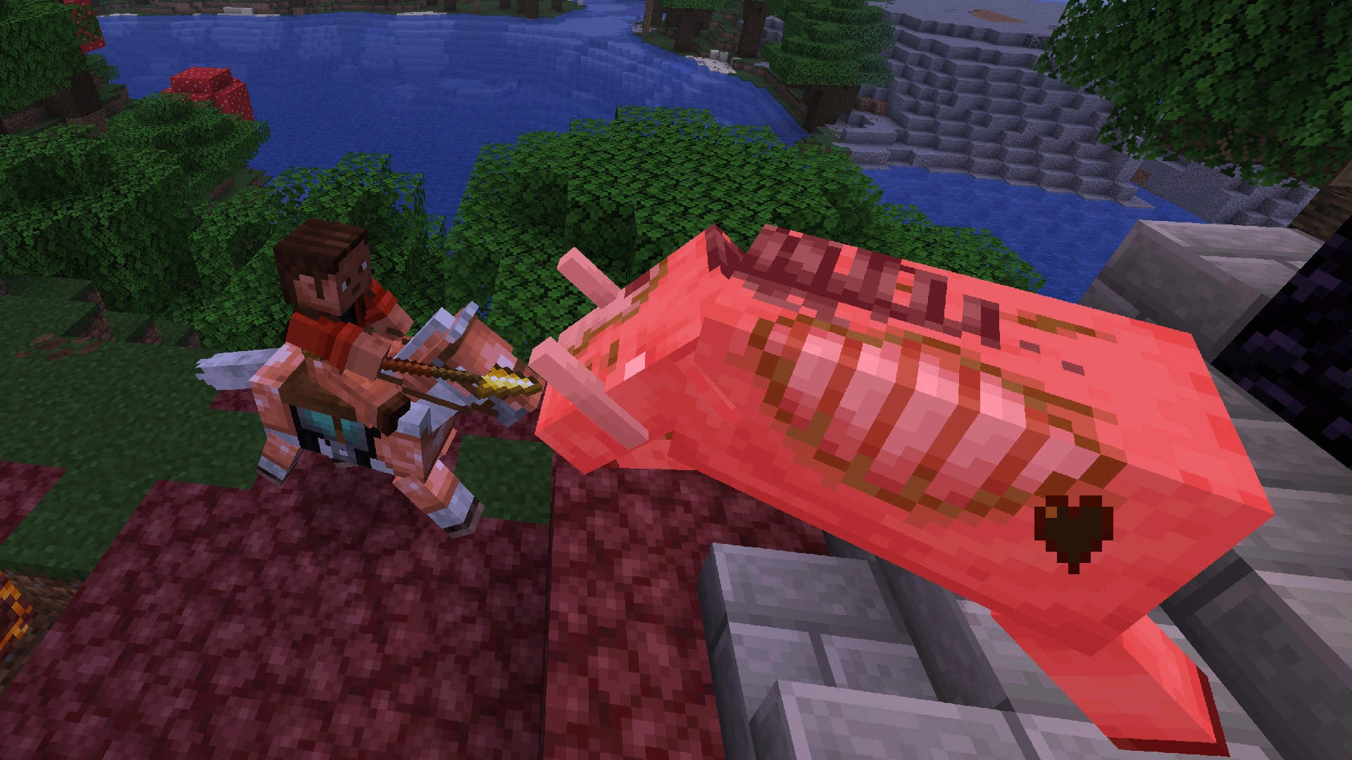 Minecraft Mounts of Mayhem: Player rides a horse, using a spear to engage a pig. Explore new combat and mounts!
