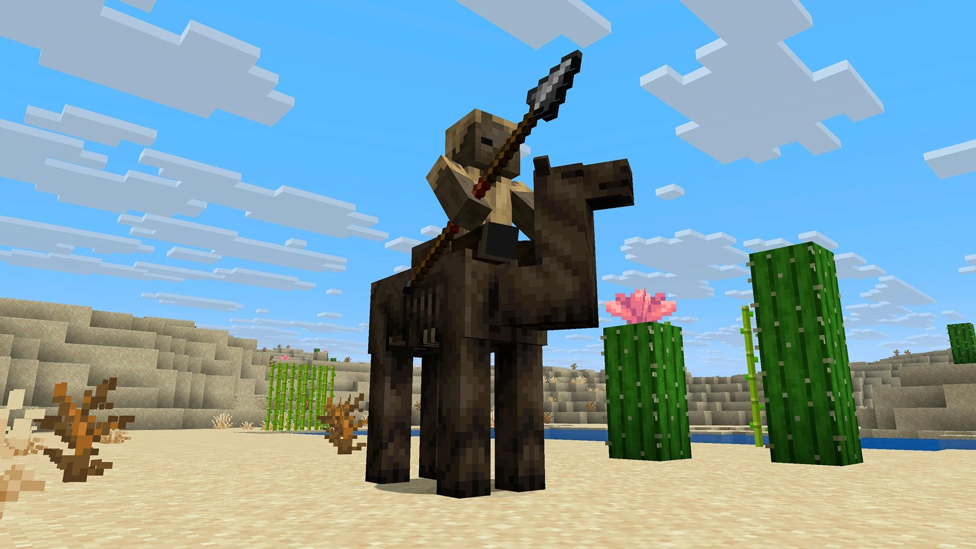 Minecraft player rides a dark mount, wielding a spear in a desert landscape, showcasing the new Mounts of Mayhem update.
