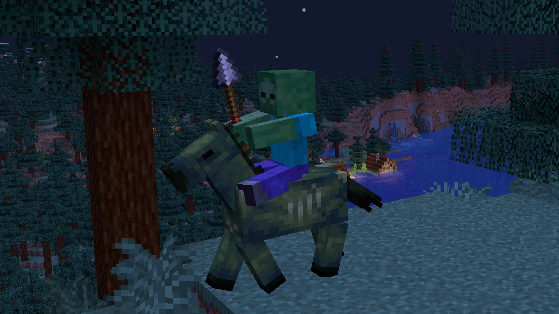 Minecraft update: Zombie rides a horse with a spear in the scenic night setting, showcasing Mounts of Mayhem features.