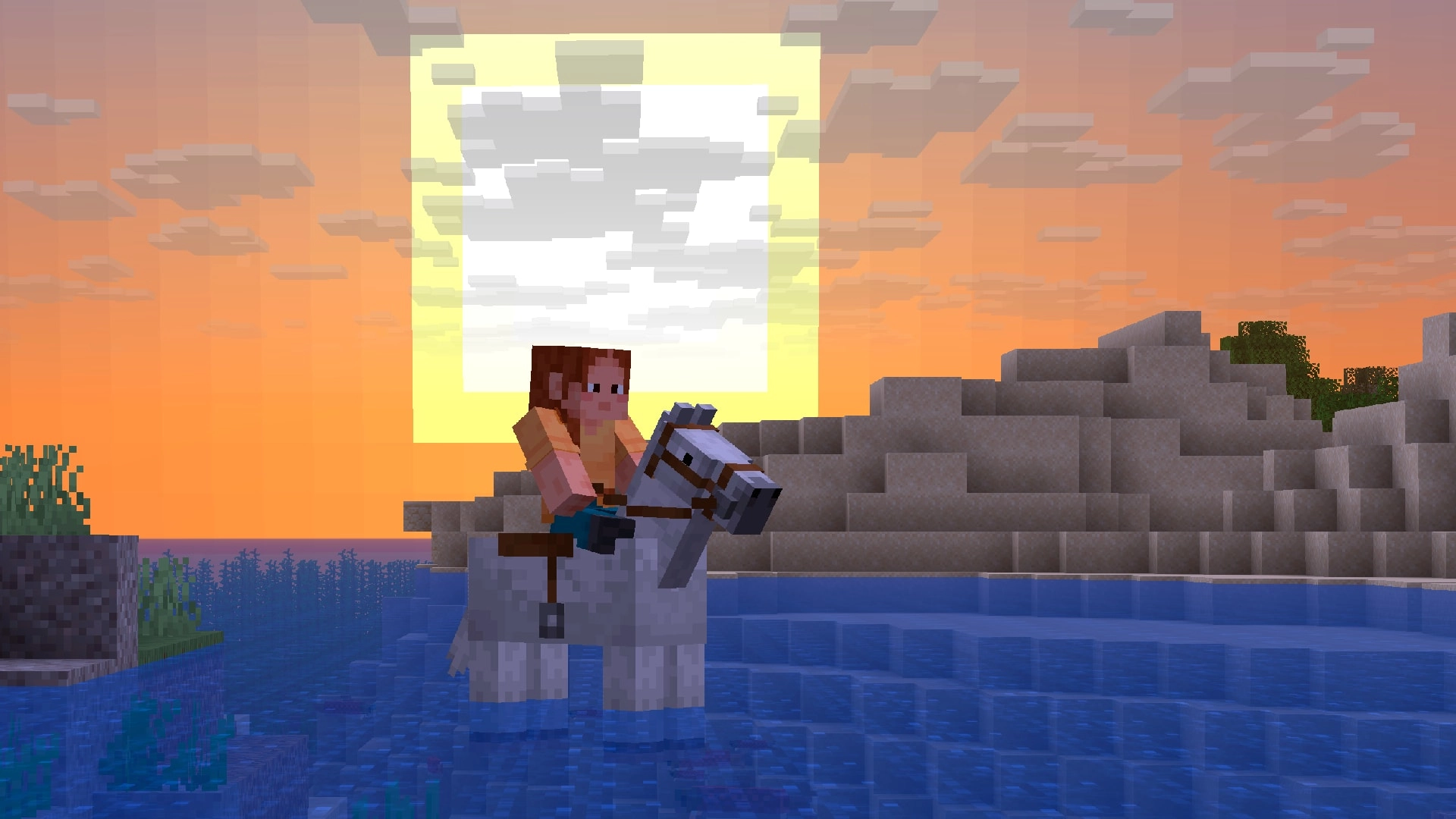 Player rides a horse at sunset in Minecraft, showcasing new mounts and adventure features in the Mounts of Mayhem update.