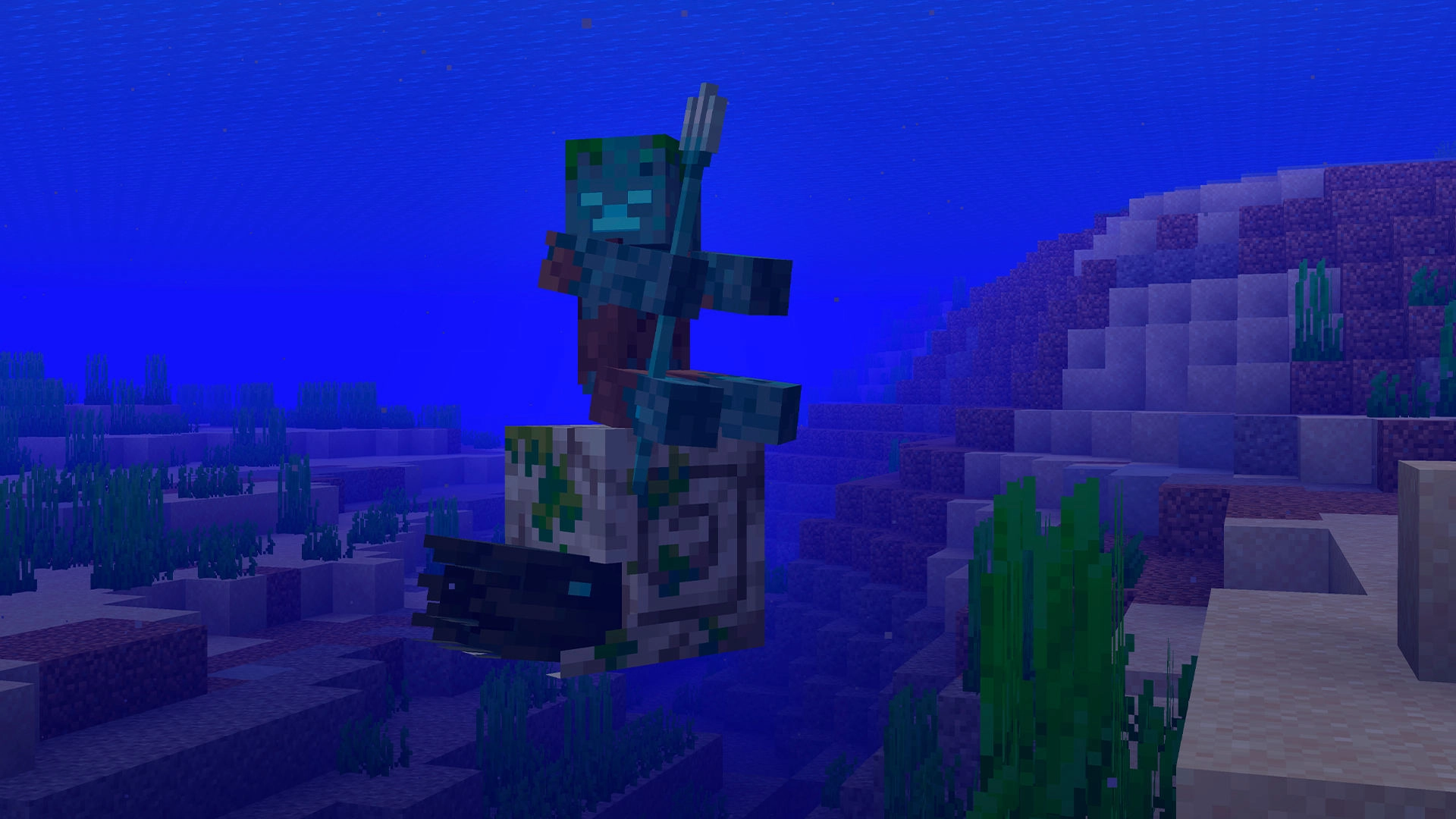 Underwater scene from Minecraft featuring a zombie rider using a spear on a nautilus mount amidst vibrant marine life.