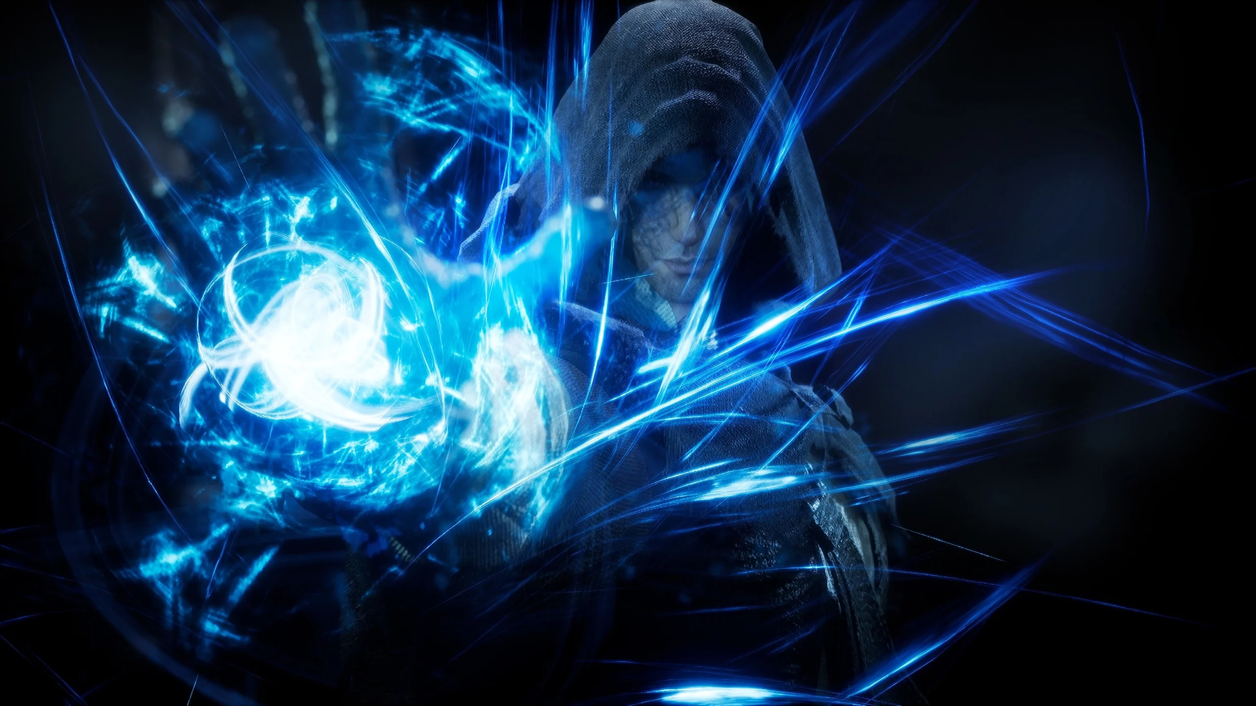 Enchanting artwork from The Relic: First Guardian, showcasing a mysterious figure wielding vibrant blue energy.