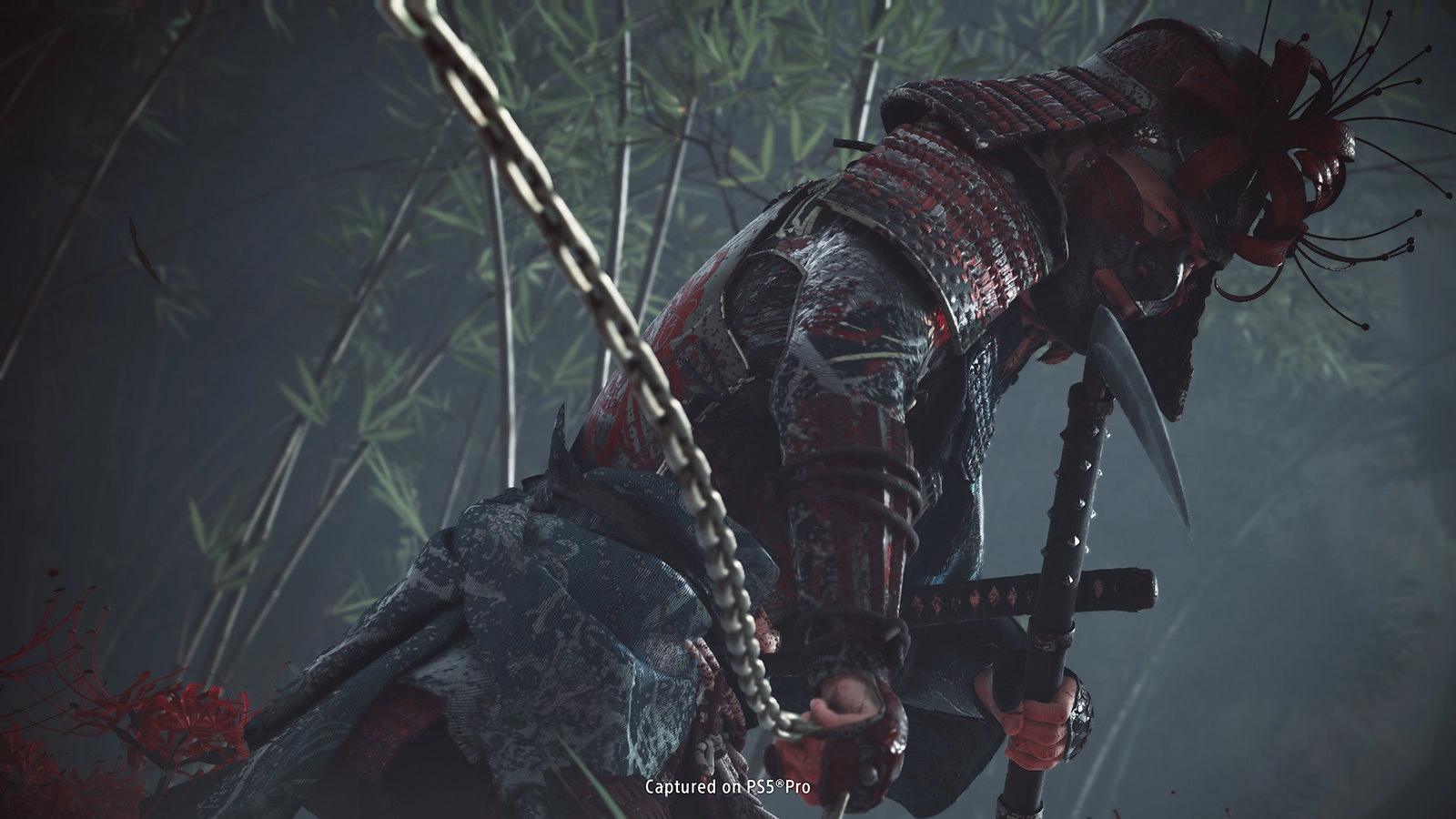 Samurai warrior in eerie forest, foreshadowing a haunting adventure in Ghost of Yōtei
