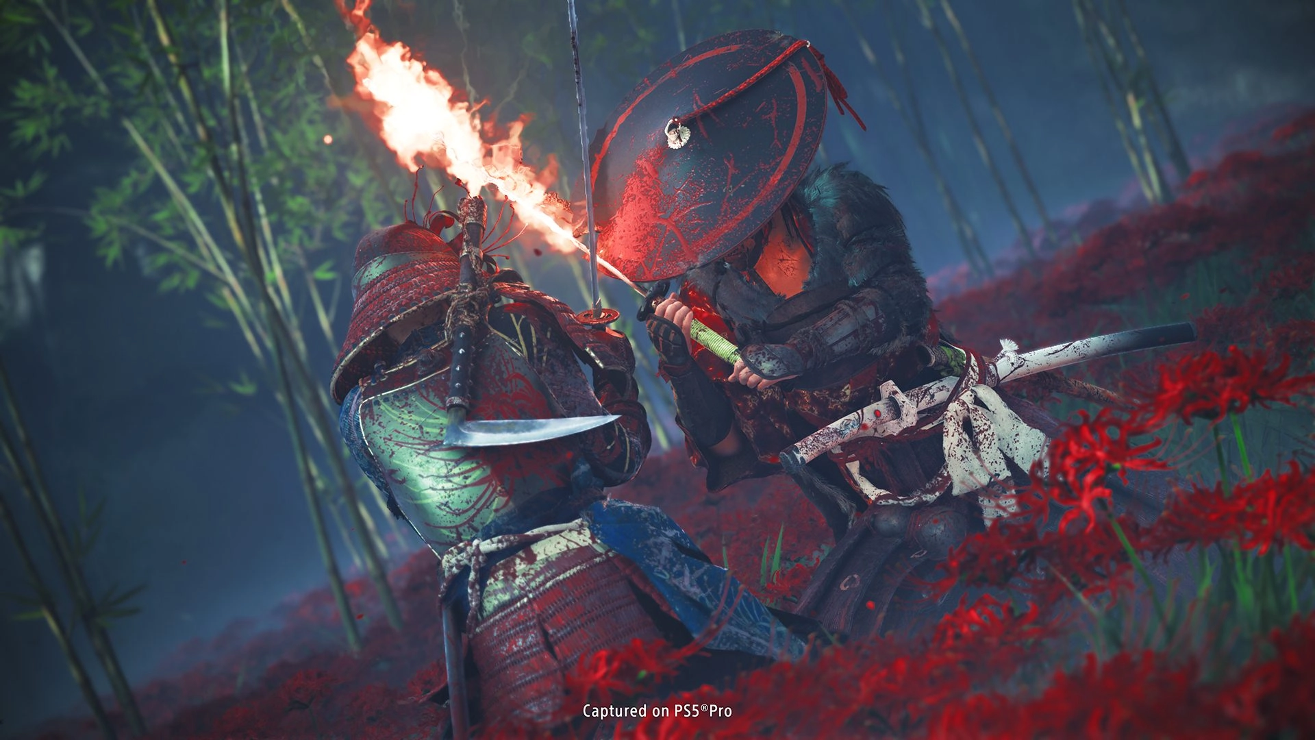 Atsu battles a foe amidst vibrant red spider lilies, setting the scene for the haunting side quest in Ghost of Yōtei.