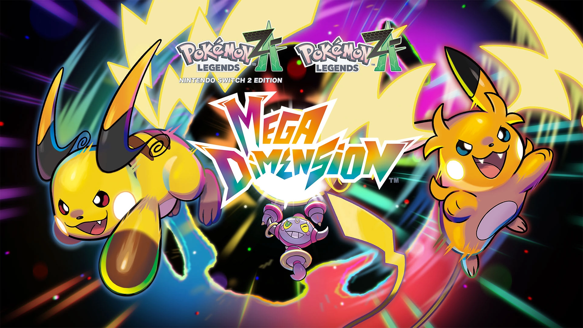 Pokémon Legends: Z-A Mega Dimension DLC featuring Raichu and Hoopa, with vibrant colors and dynamic action.