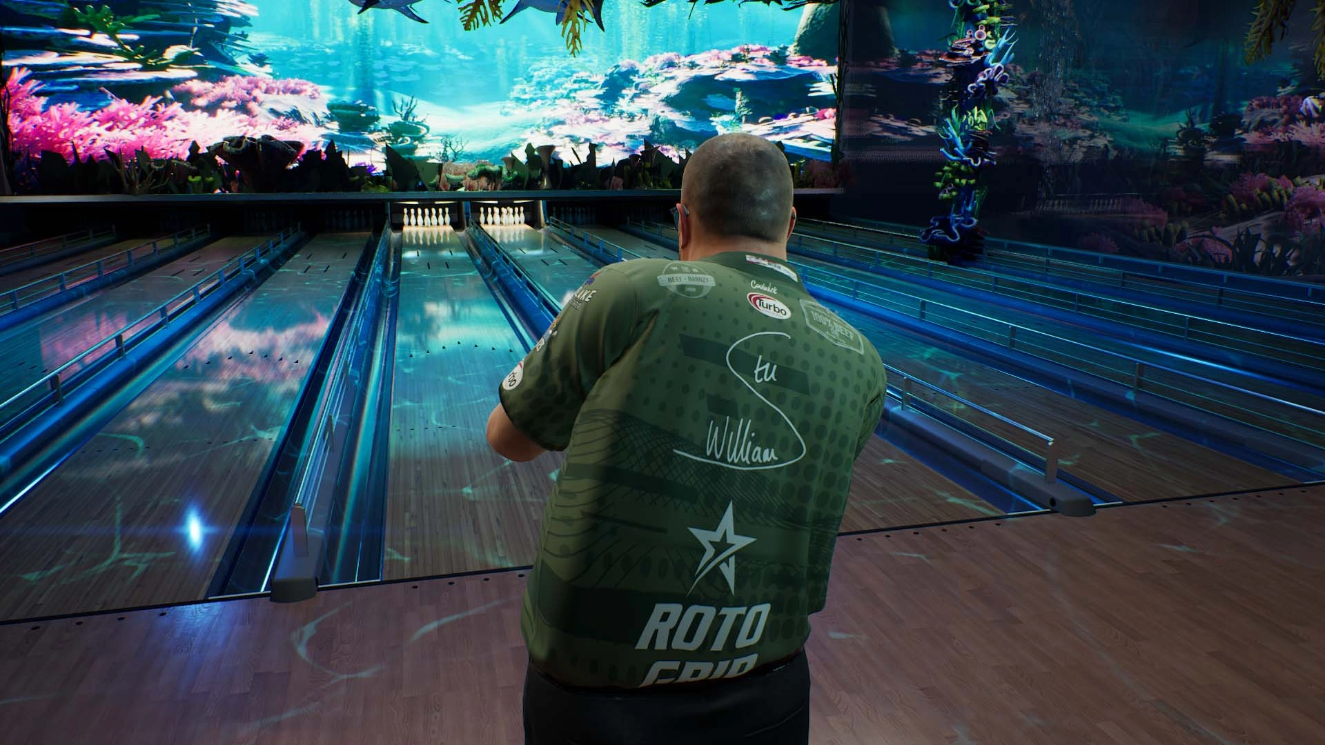 A bowler prepares to take a shot in PBA Pro Bowling 2026, showcasing an immersive, vibrant lane environment.