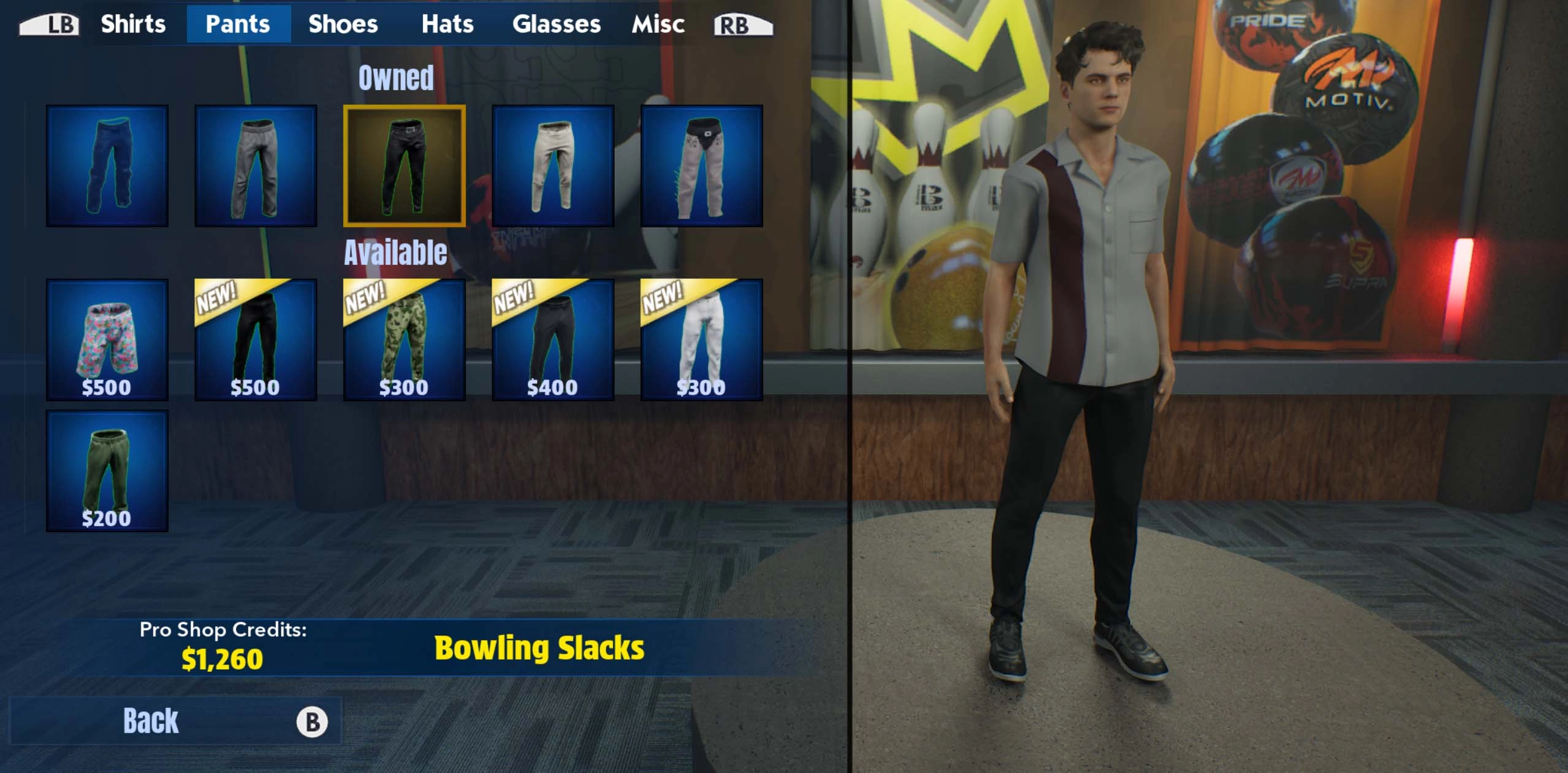 Character customization options in PBA Pro Bowling 2026, showcasing outfit selections for a unique bowling experience.