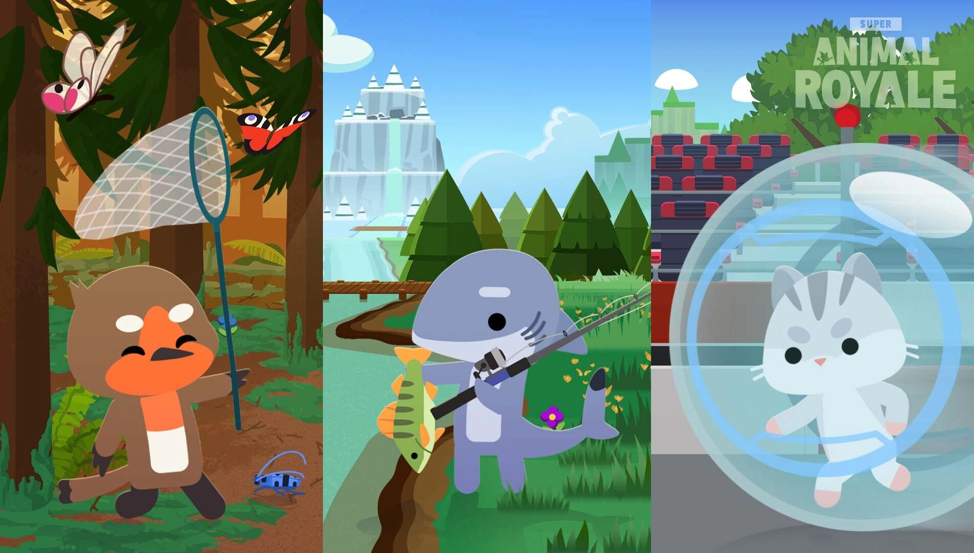 Super Animal World expansion: cozy activities like fishing, bug catching, and hamsterball races in Super Animal Royale.