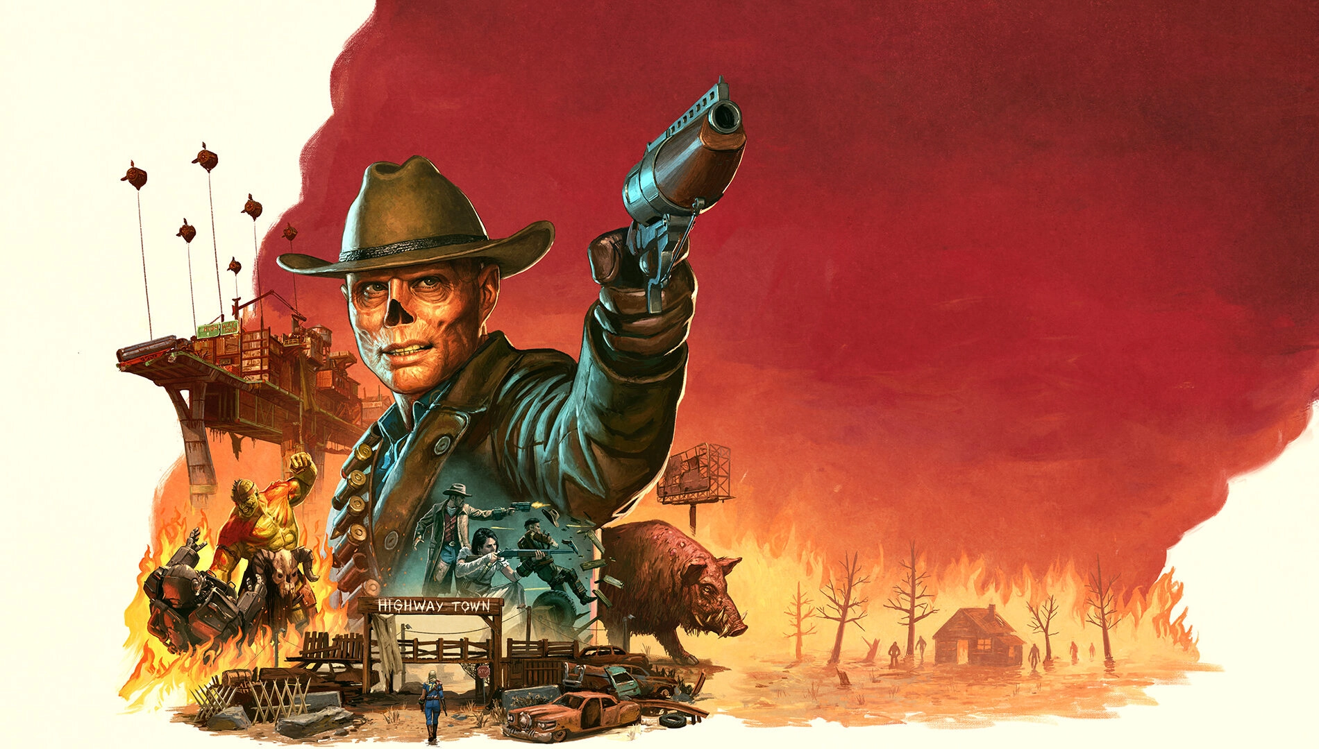 Alt text: "Art featuring a cowboy holding a gun with a fiery background, representing Xbox