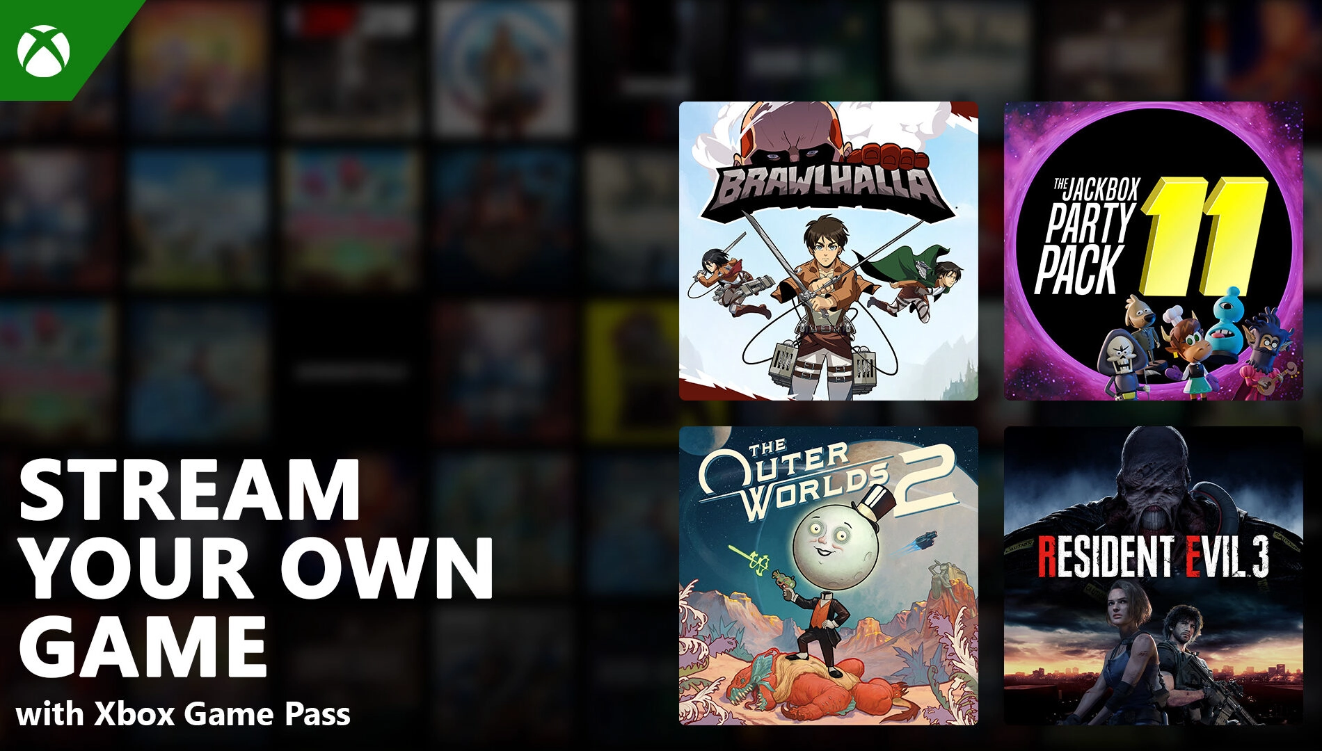 Xbox Game Pass graphic featuring popular games like Brawlhalla and Resident Evil 3 for seamless gaming across devices.