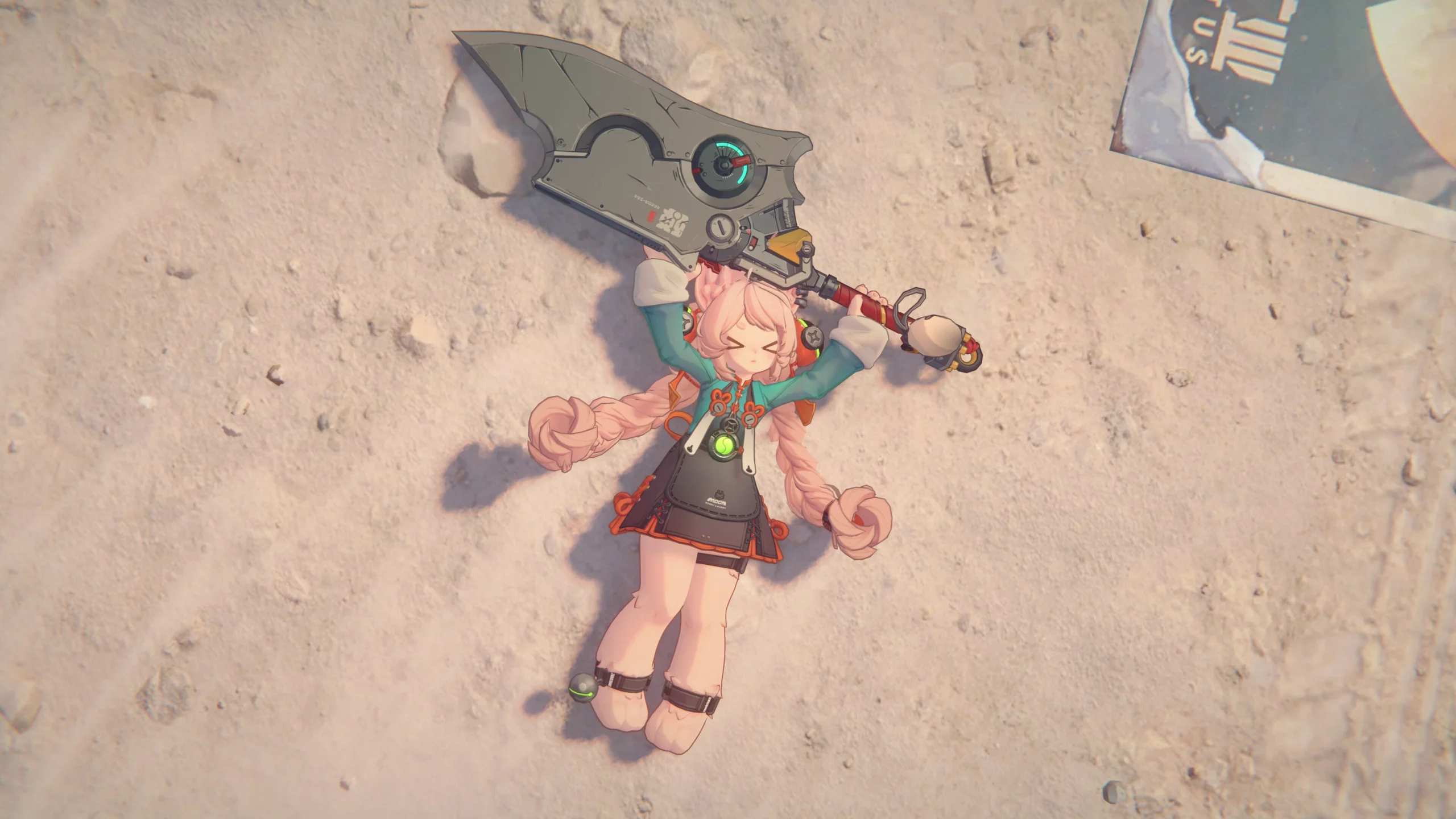 Character from Zenless Zone Zero lies on the ground with a large sword, embodying adventure and mystery in the game’s univ...