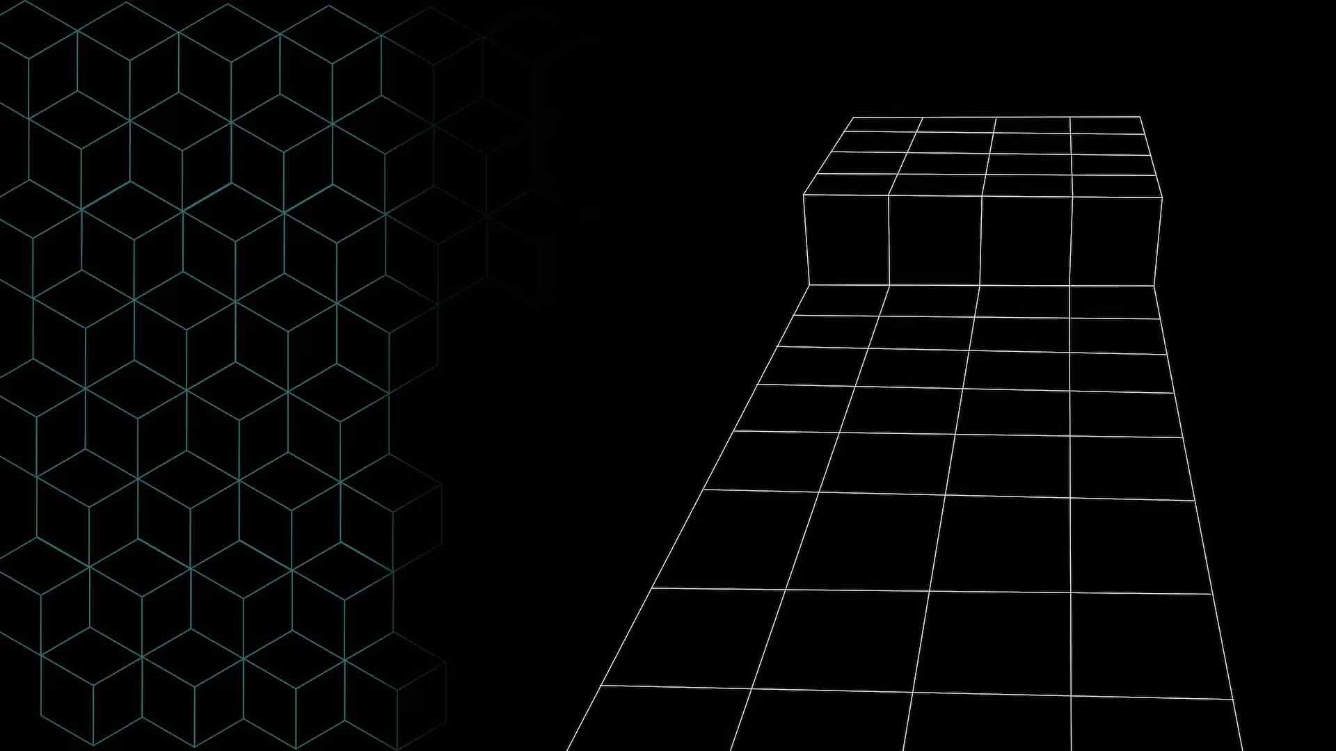 A geometric grid pattern with cubes on a black background, evoking a digital game environment