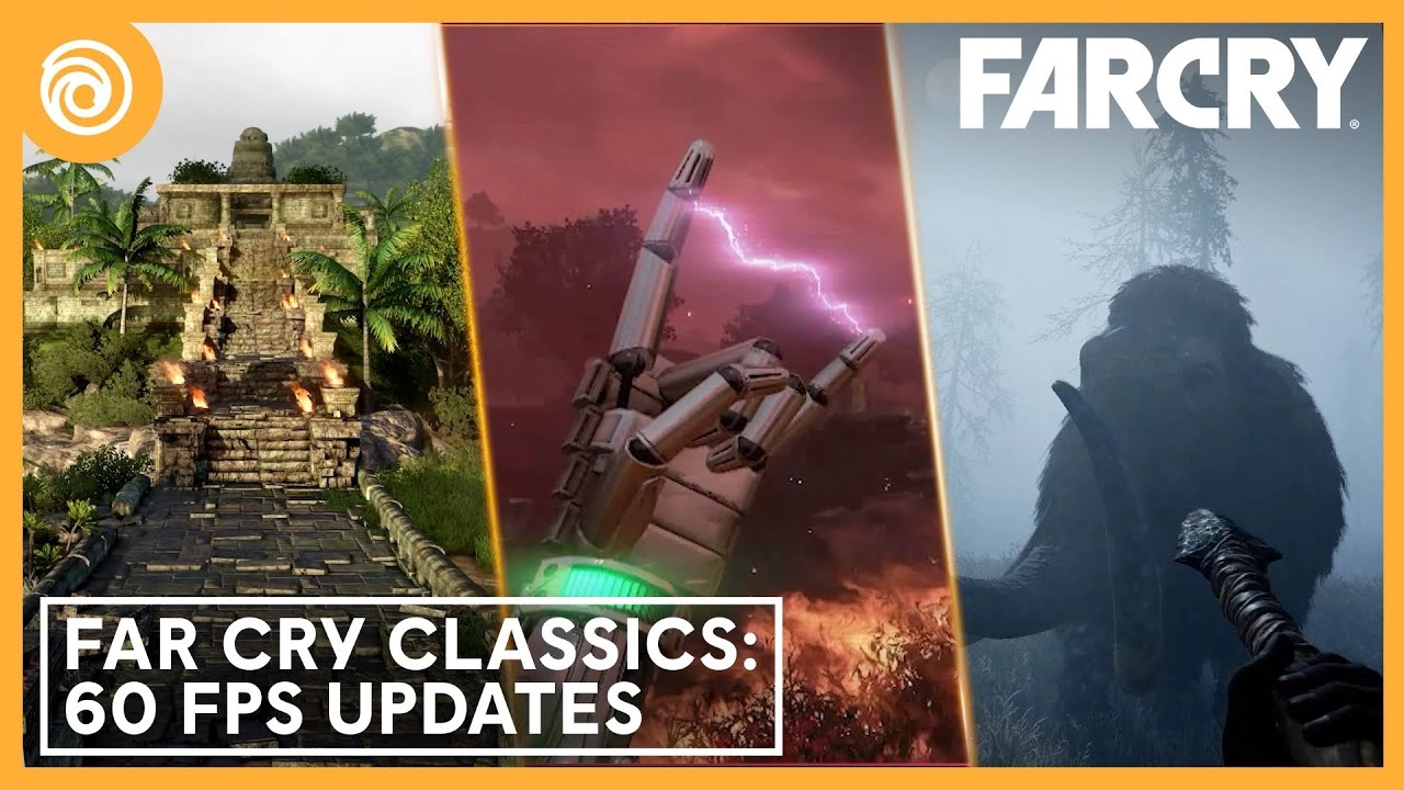Three scenes from Far Cry games: ancient temple, robotic hand with lightning, and mammoth in misty forest