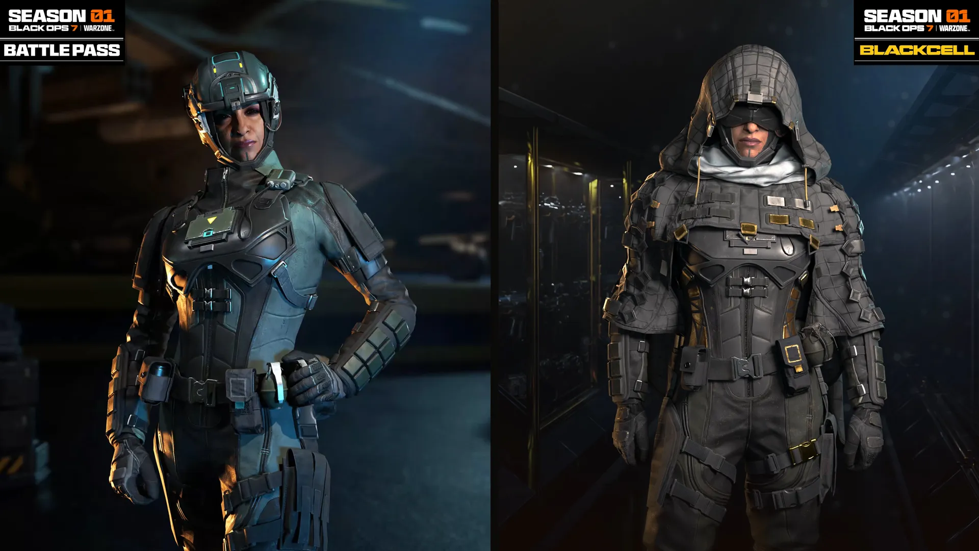 Two new characters from Season 01 Battle Pass for Call of Duty: Black Ops 7, featuring sleek designs and futuristic gear.