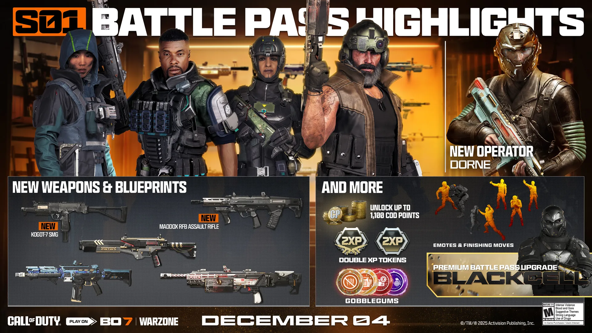 Call of Duty: Black Ops 7 Season 01 Battle Pass highlights new operators, weapons, and cosmetic rewards launching December 4.