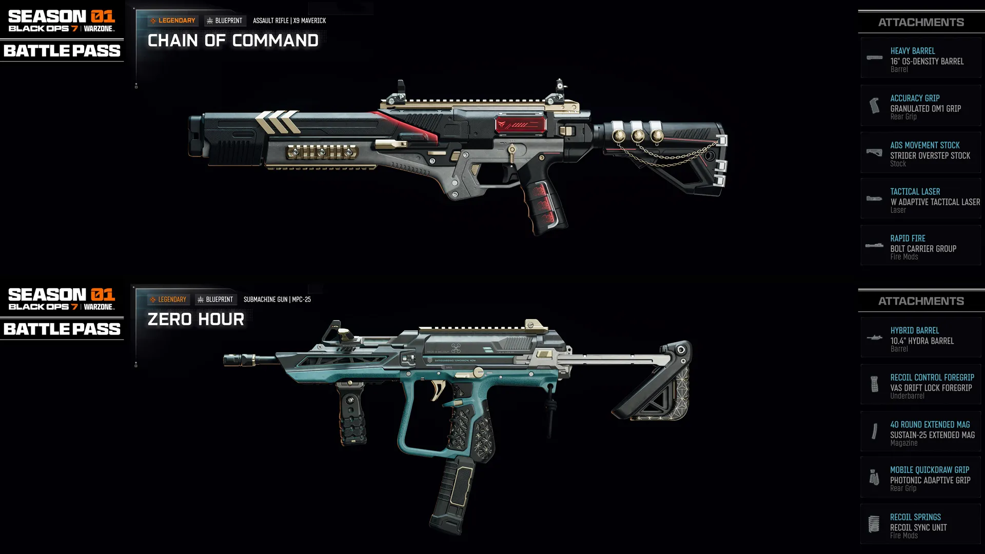 Showcasing the new Season 01 Battle Pass weapons: Chain of Command and Zero Hour for Call of Duty®: Black Ops 7.