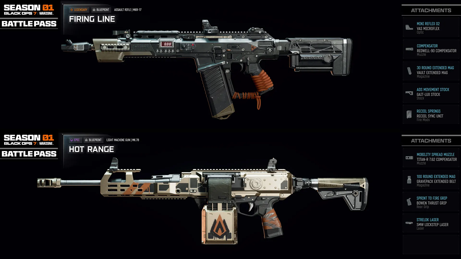 Showcasing new weapons from Season 01 Battle Pass in Call of Duty: Black Ops 7, featuring Firing Line and Hot Range.