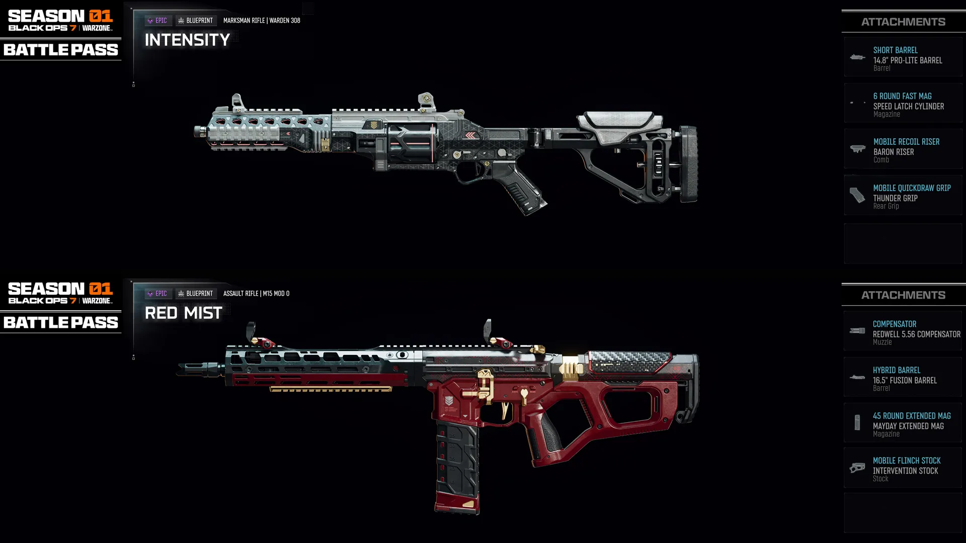 Season 01 Battle Pass features new weapons ‘Intensity’ and ‘Red Mist’ for Call of Duty: Black Ops 7 and Warzone.