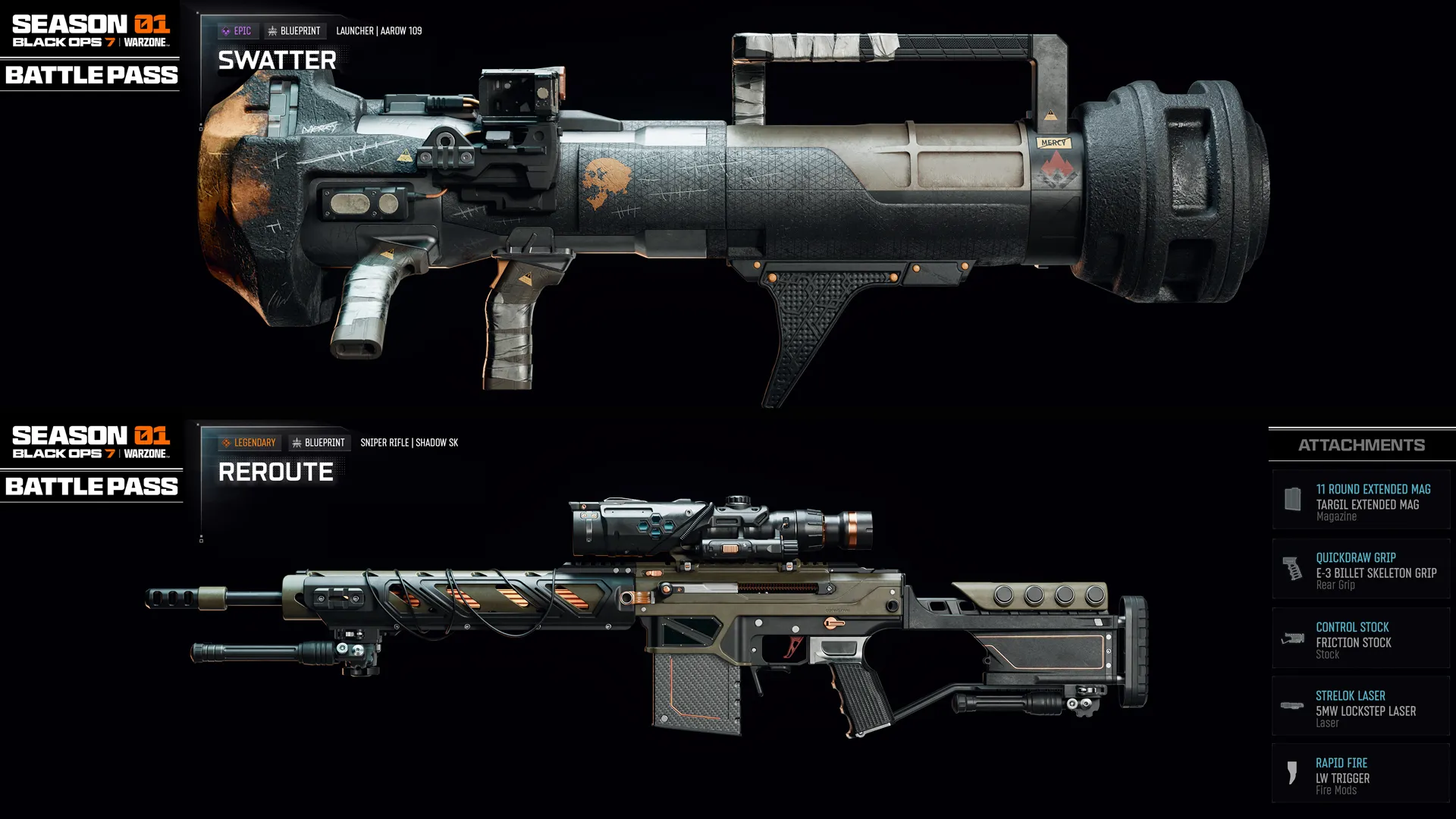 Preview of Season 01 Battle Pass weapons in Call of Duty: Black Ops 7. Explore unique launchers and platforms for gameplay.