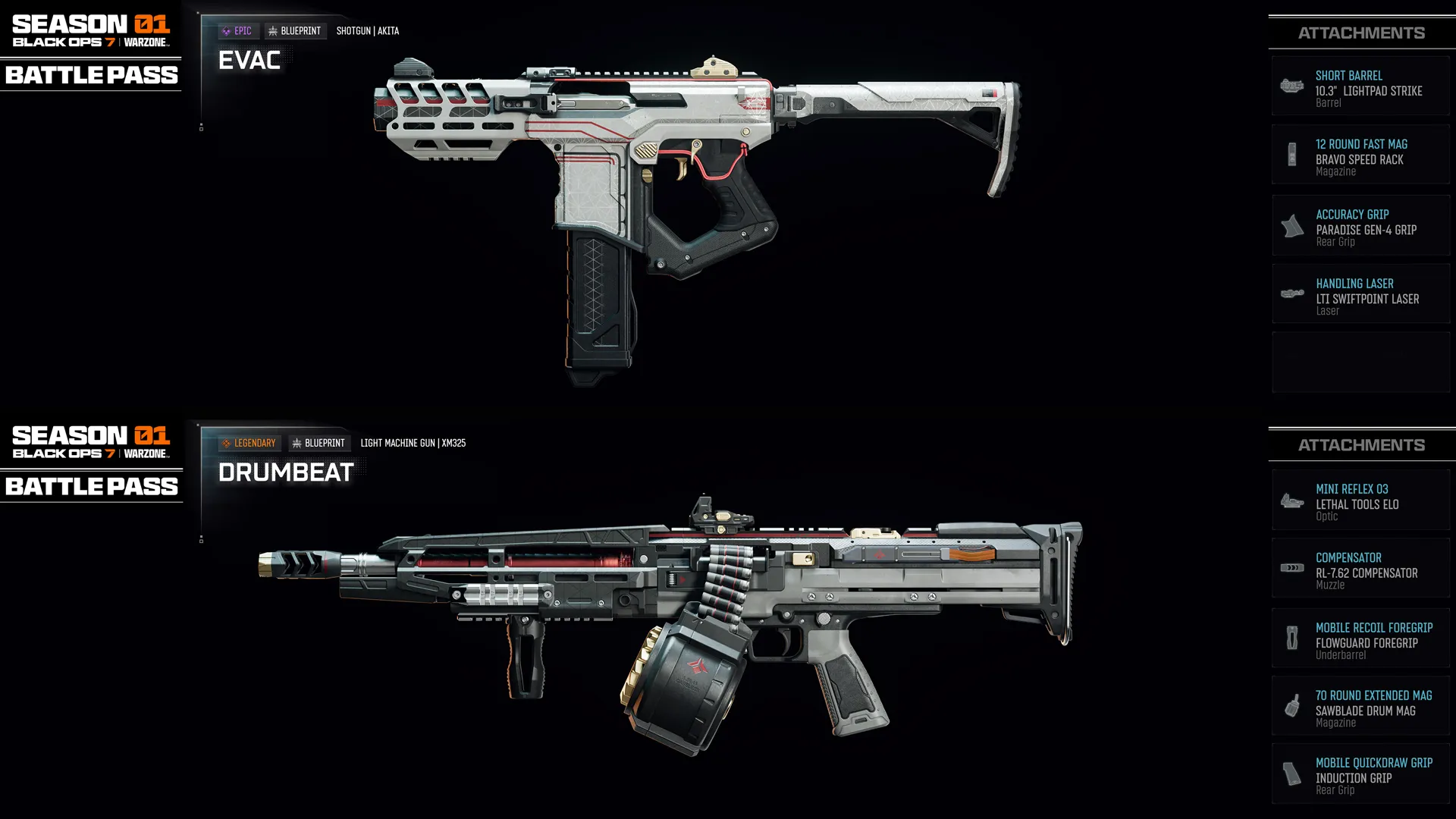 Season 01 Battle Pass weapons for Call of Duty: Black Ops 7 featuring EVAC and DRUMBEAT designs.
