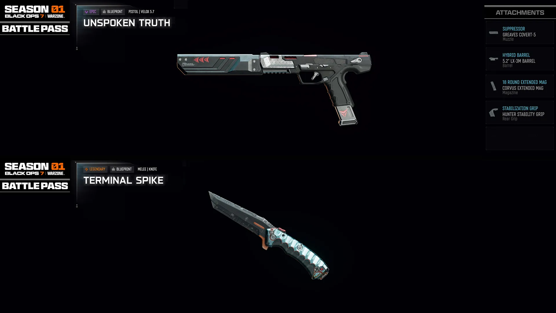 Showcase of Season 01 Battle Pass weapons: Unspoken Truth pistol and Terminal Spike knife from Call of Duty®.