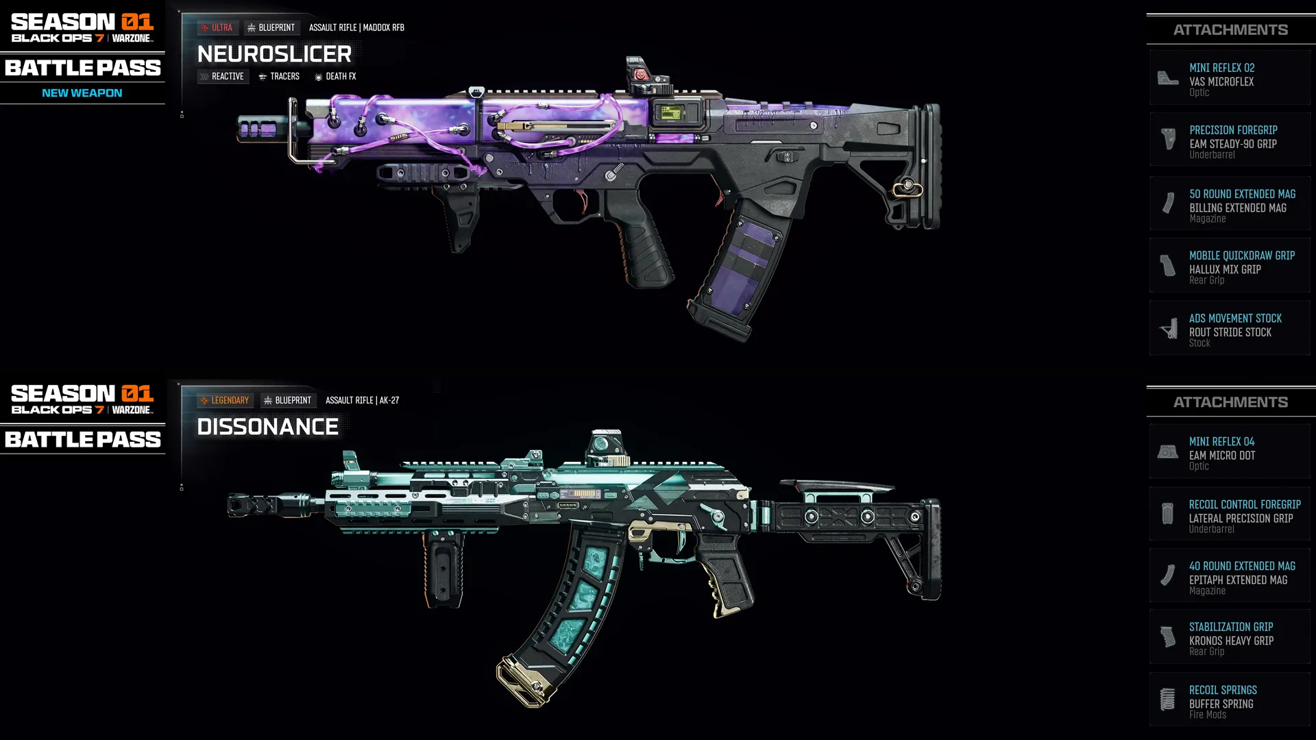 Showcase of new weapons from Call of Duty: Black Ops 7 Season 01 Battle Pass: Neuroslicer and Dissonance.