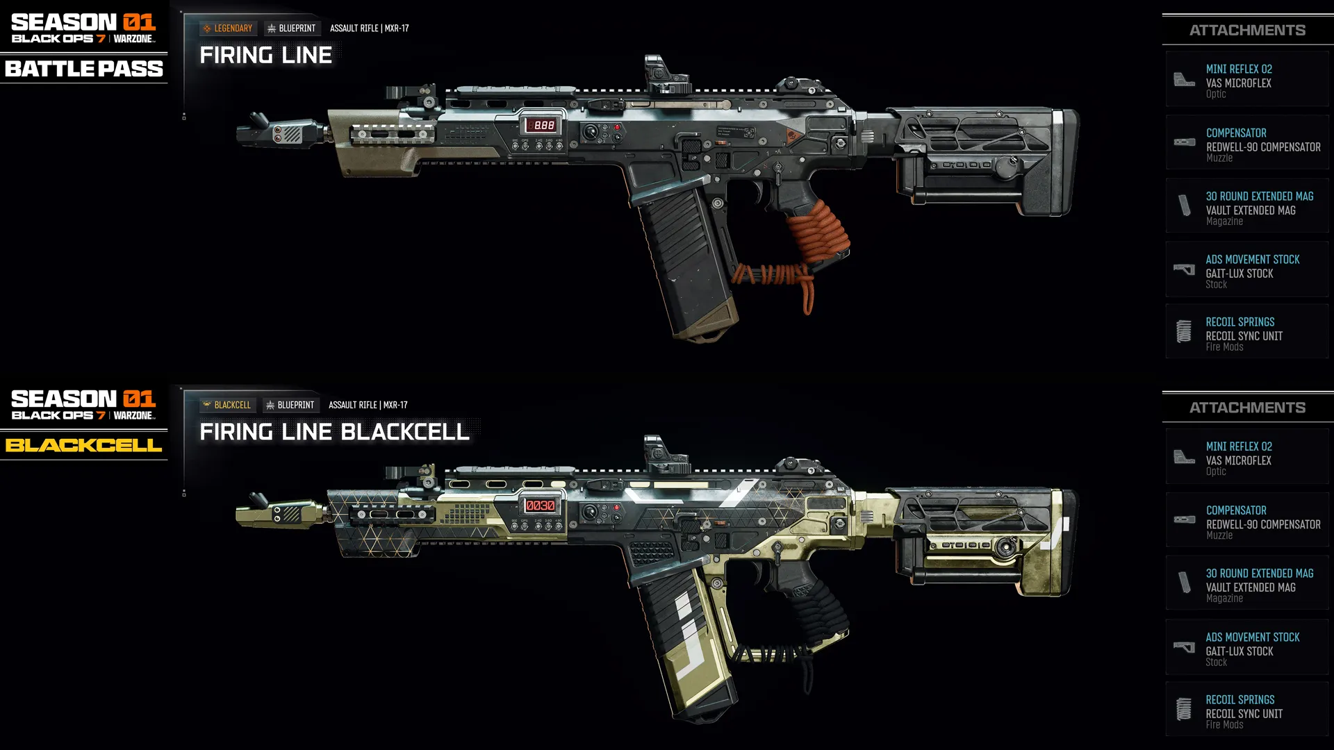 Season 01 Battle Pass features Firing Line and BlackCell weapons with customizable attachments for Call of Duty players.