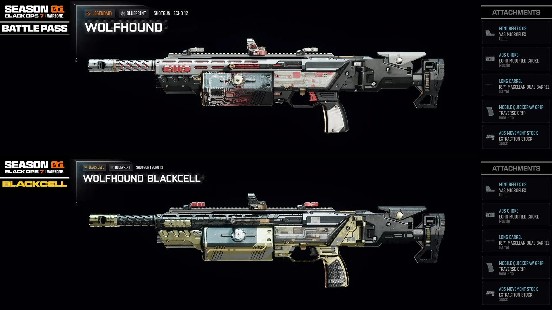 Season 01 Battle Pass features the Wolfhound and Wolfhound BlackCell weapon blueprints for Call of Duty: Warzone.