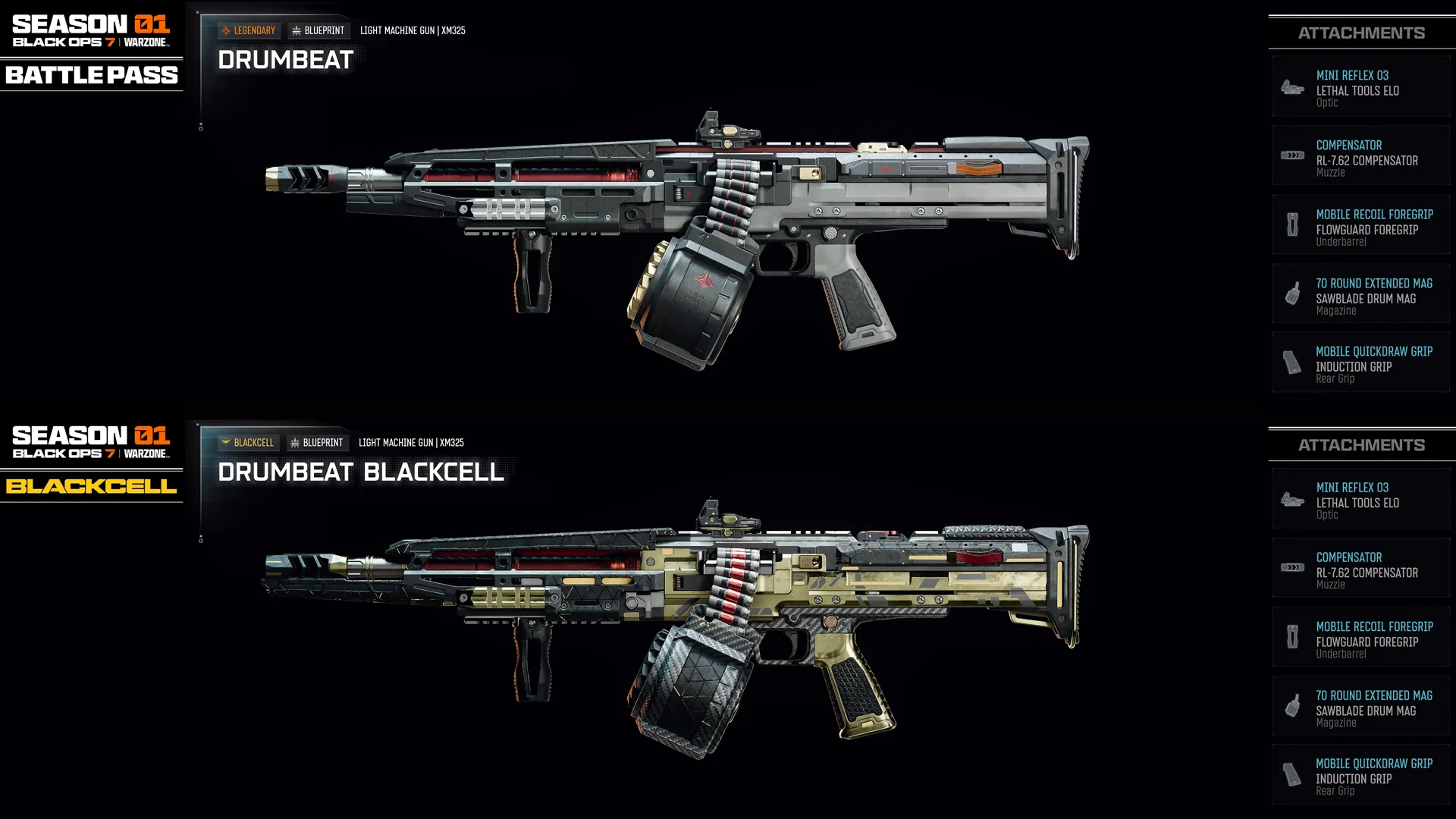 Showcase of the Drumbeat weapon from Season 01 Battle Pass in Call of Duty: Black Ops 7 and Warzone.