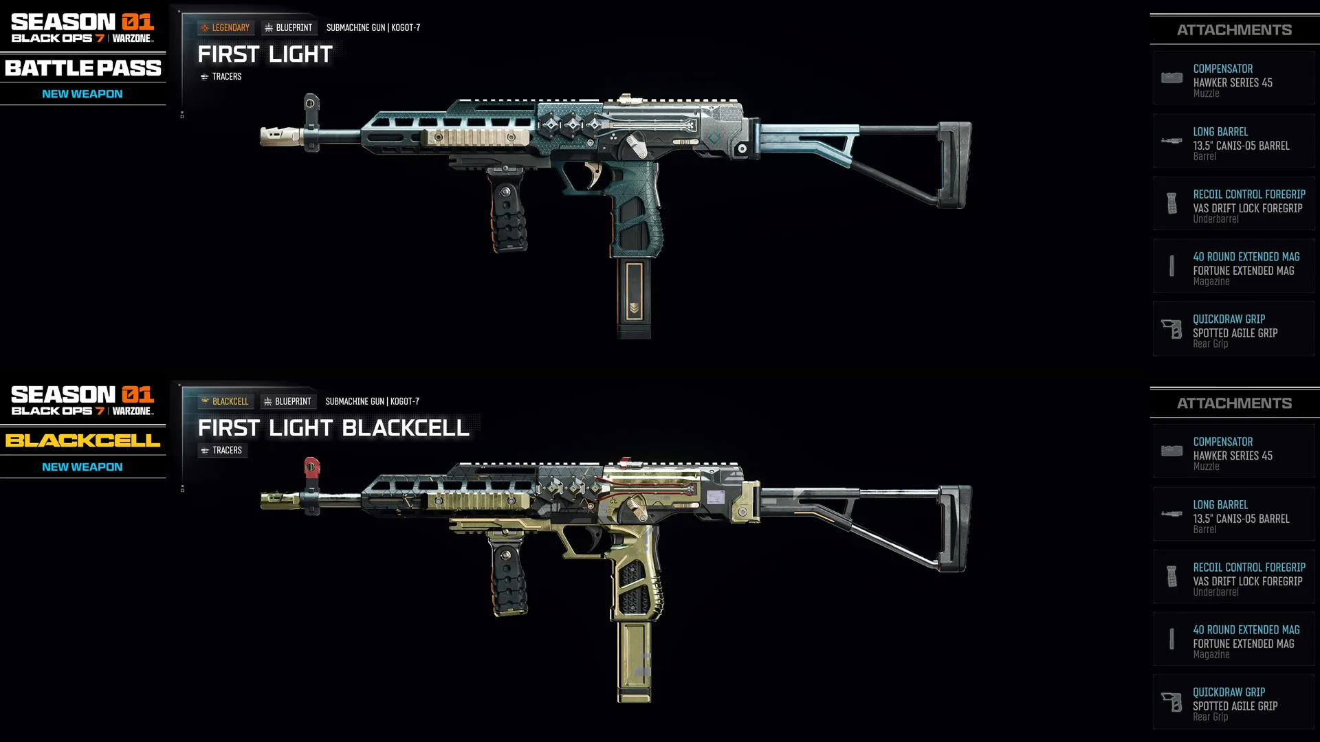 Season 01 Battle Pass weapons from Call of Duty: Black Ops 7, featuring First Light and First Light BlackCell designs.