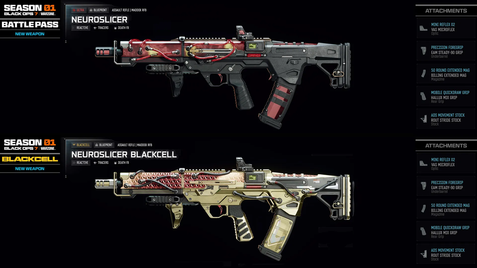 Showcase of the new Neuroslicer weapons from the Season 01 Battle Pass in Call of Duty: Black Ops 7 and Warzone.