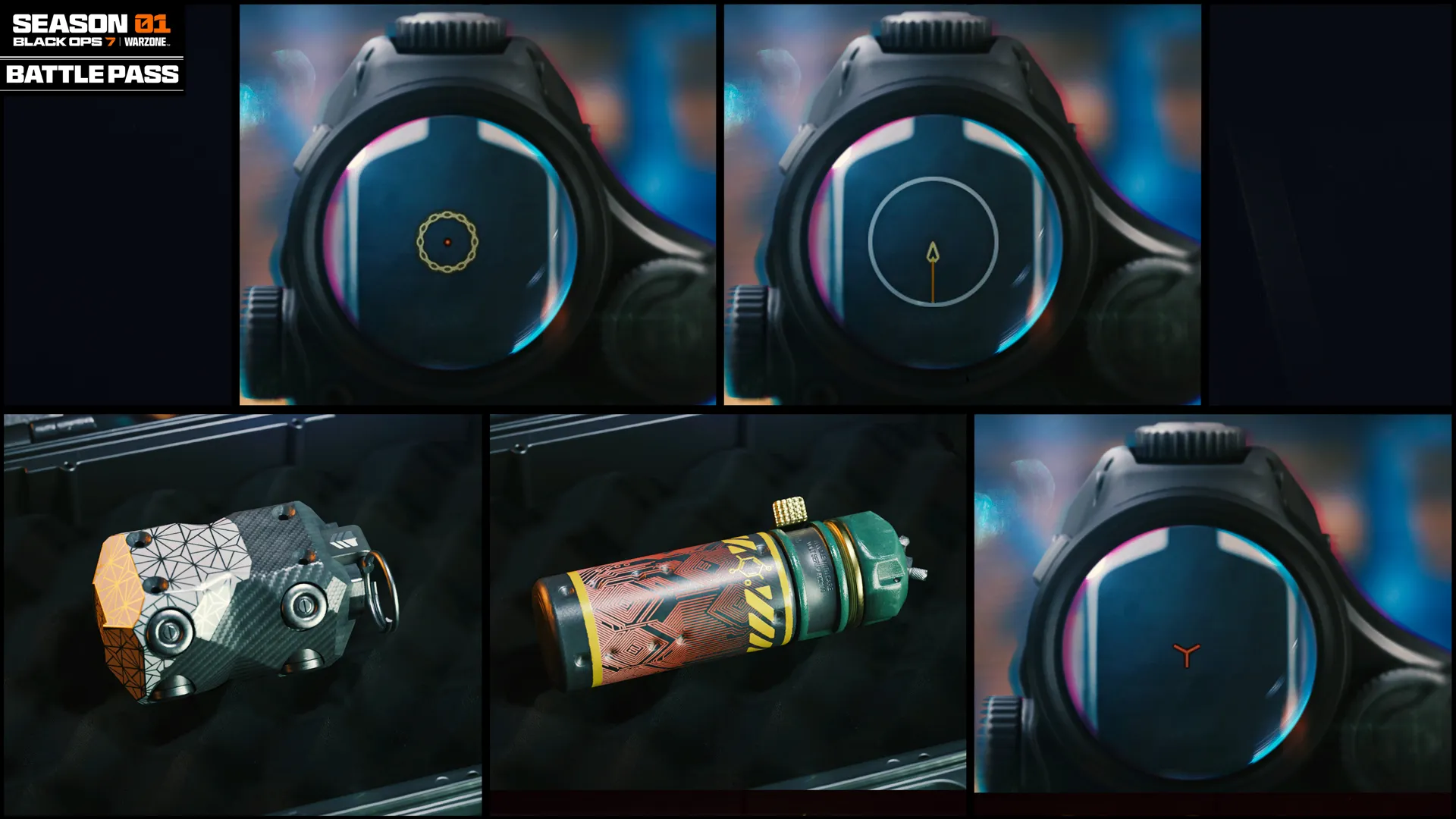 Showcase of Season 01 Battle Pass rewards for Call of Duty: Black Ops 7, featuring new weapons and operator skins.