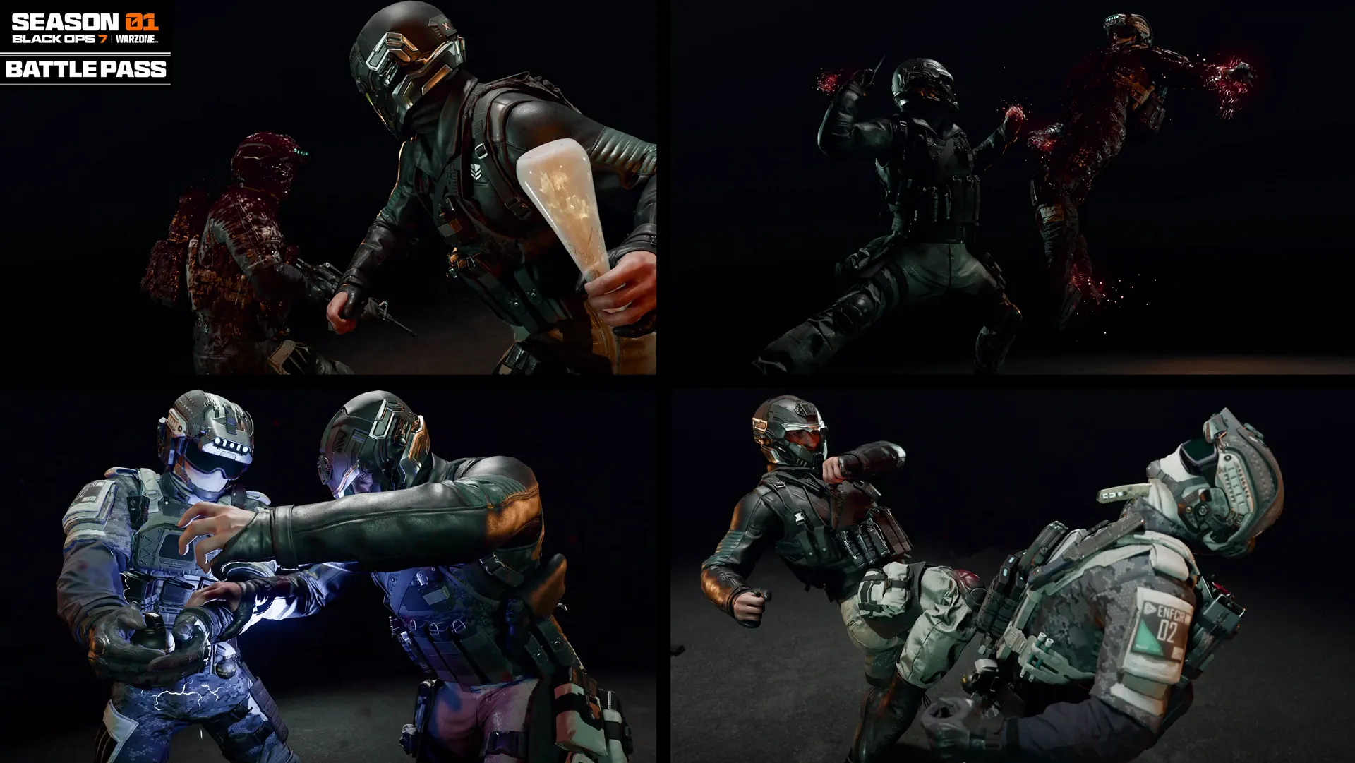 Action-packed scenes from Season 01 Battle Pass in Call of Duty: Black Ops 7, showcasing new operators and weapon combat.