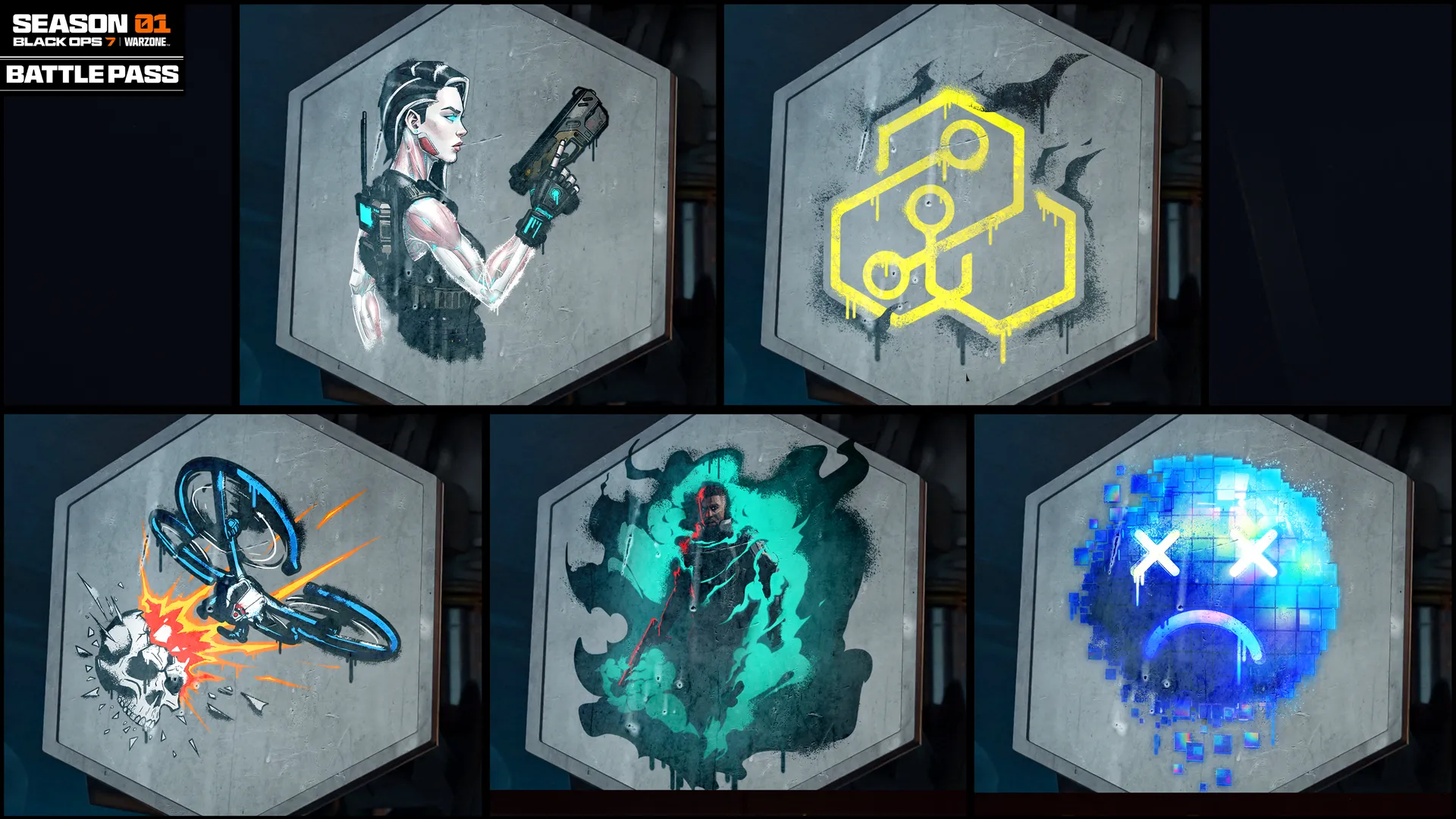 Call of Duty: Black Ops 7 Season 01 Battle Pass showcasing new Operator skins, weapon blueprints, and rewards.