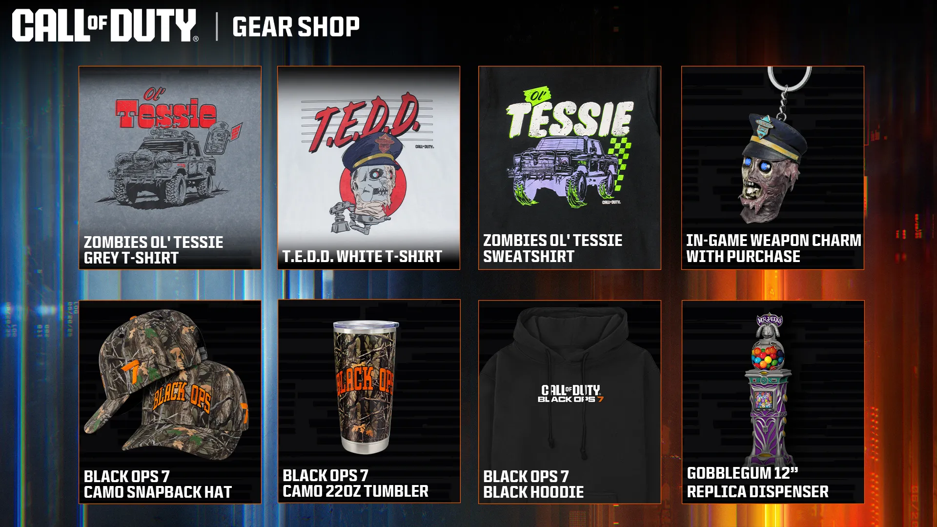 Call of Duty merchandise featuring apparel and collectibles from Zombies and Black Ops 7, promoting the Season 01 Battle P...