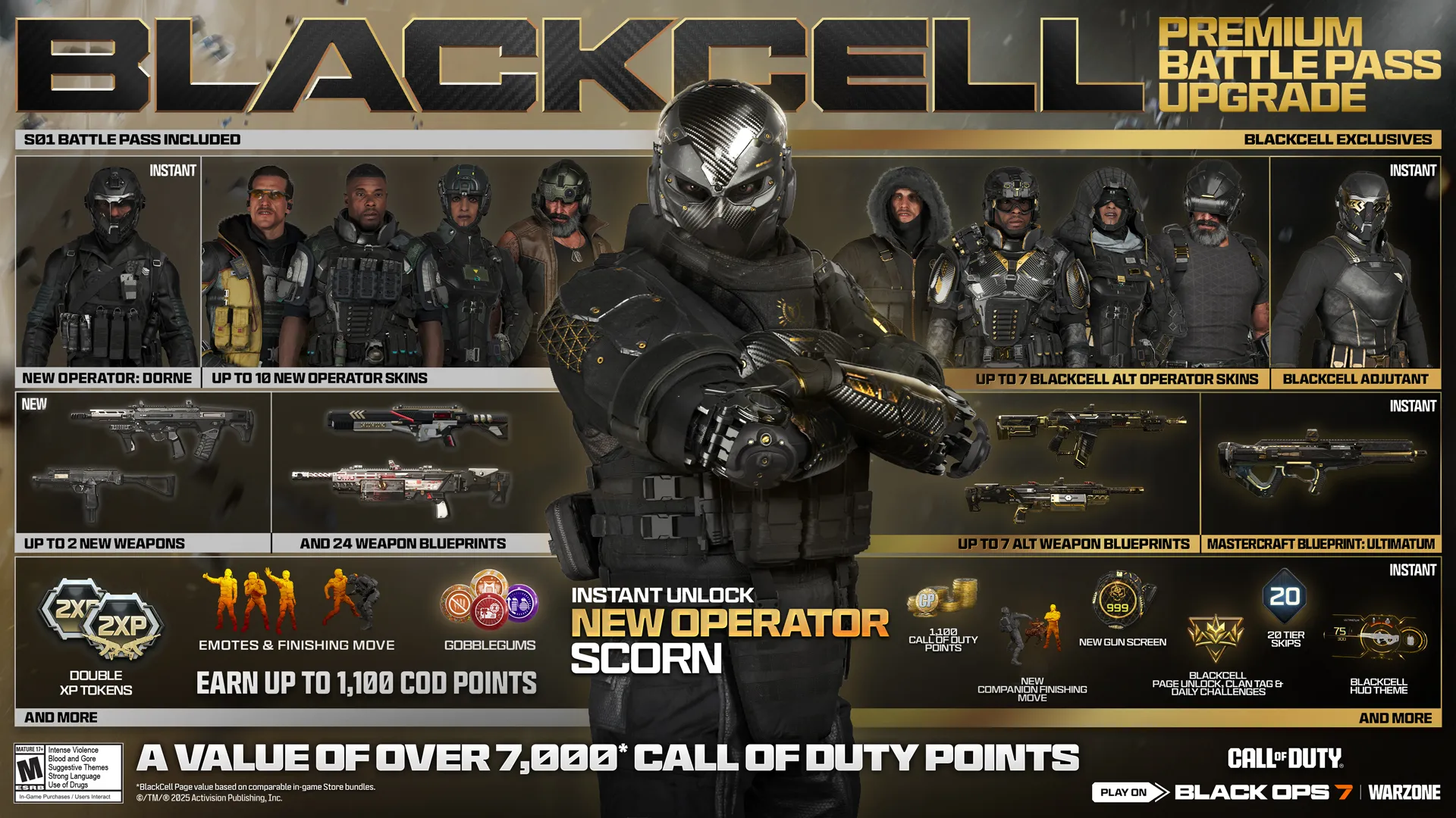 Promotional image for Call of Duty®: Black Ops 7 Season 01 Battle Pass featuring new Operator Scorn and exclusive rewards.