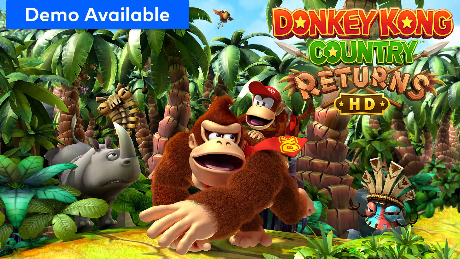 Donkey Kong and Diddy Kong in a lush jungle setting with the Donkey Kong Country Returns HD logo