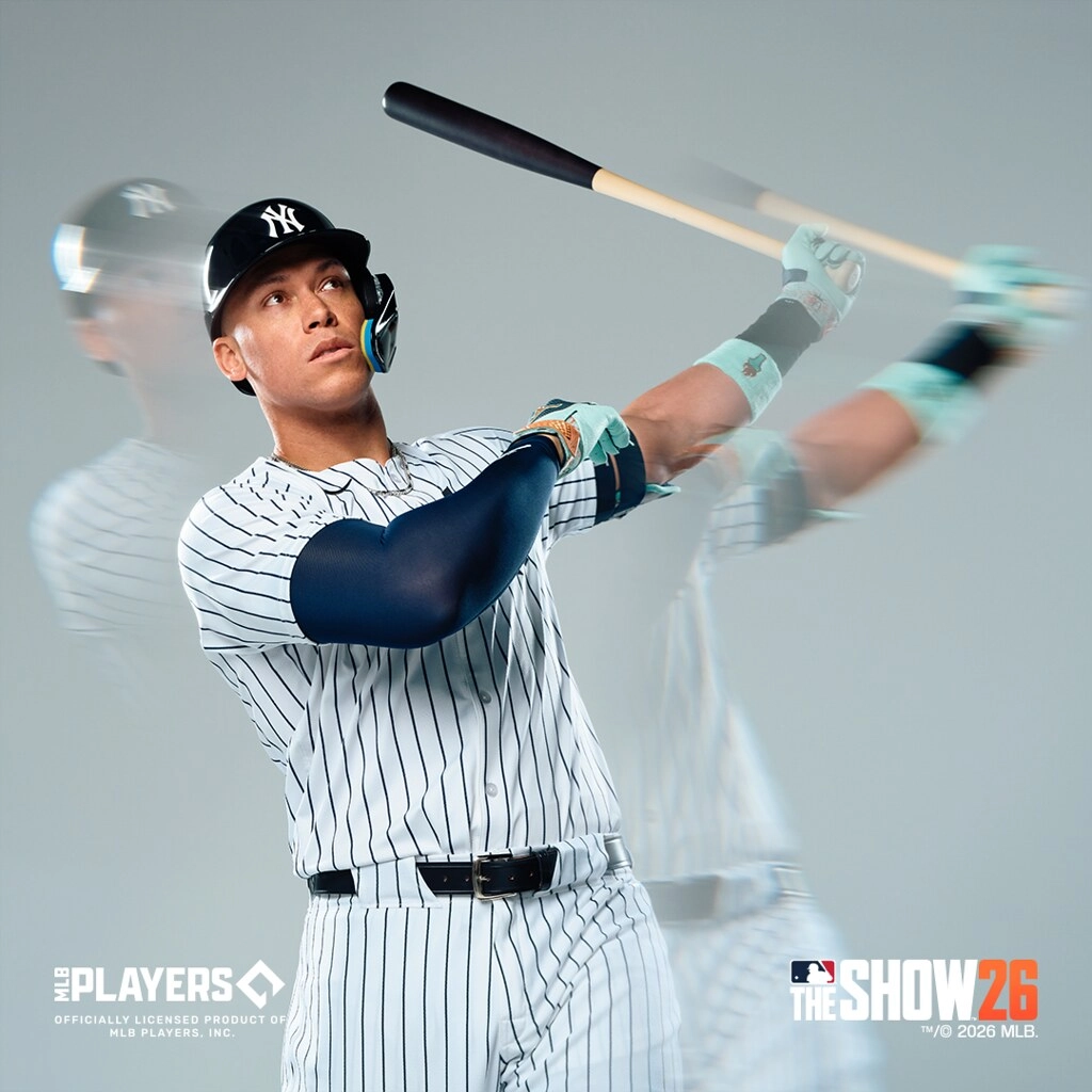 Baseball player in pinstripe uniform swinging a bat, featured on MLB The Show 26 cover art