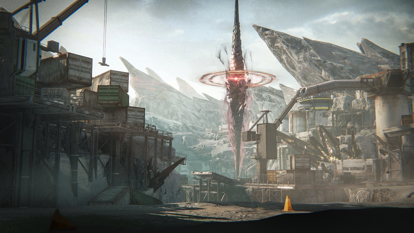 Futuristic industrial landscape with towering structures and a mysterious spiral energy formation in the sky