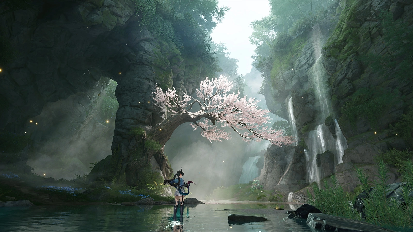 A character stands by a serene pond under a blooming tree in a lush, mystical landscape with waterfalls