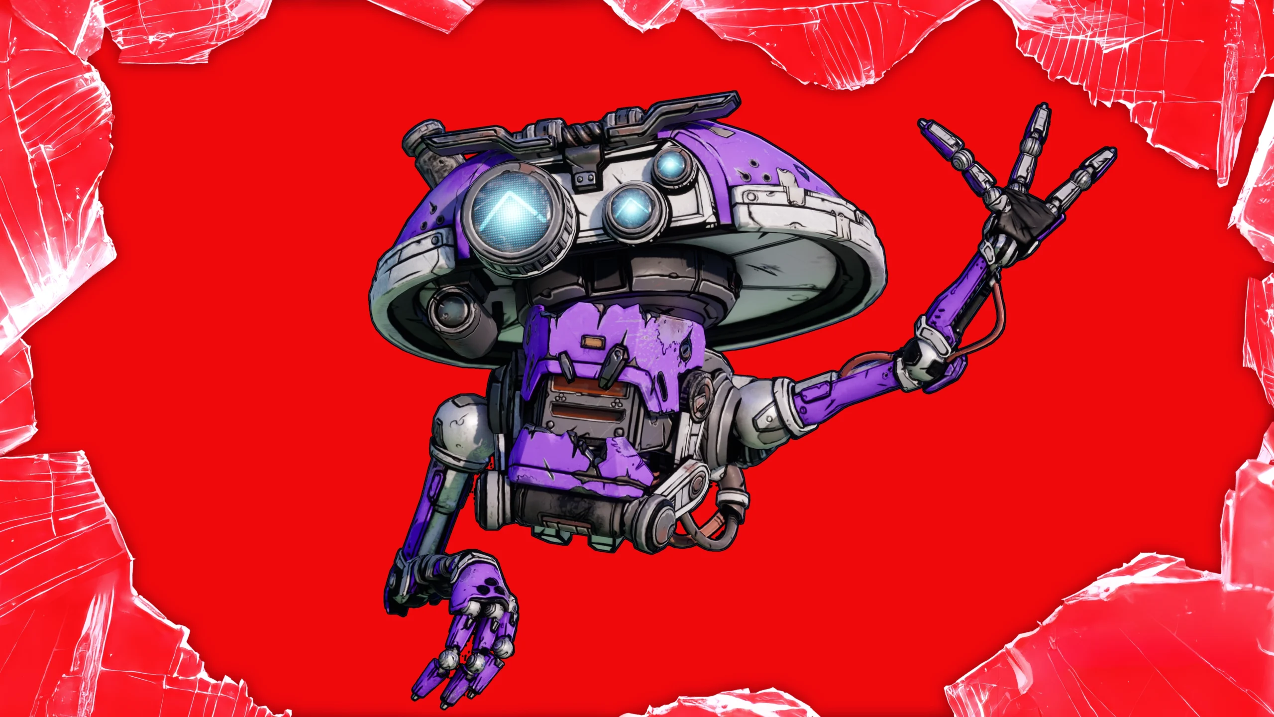 Purple ECHO-4 Drone with large eyes and mechanical arms against a red background with shattered edges