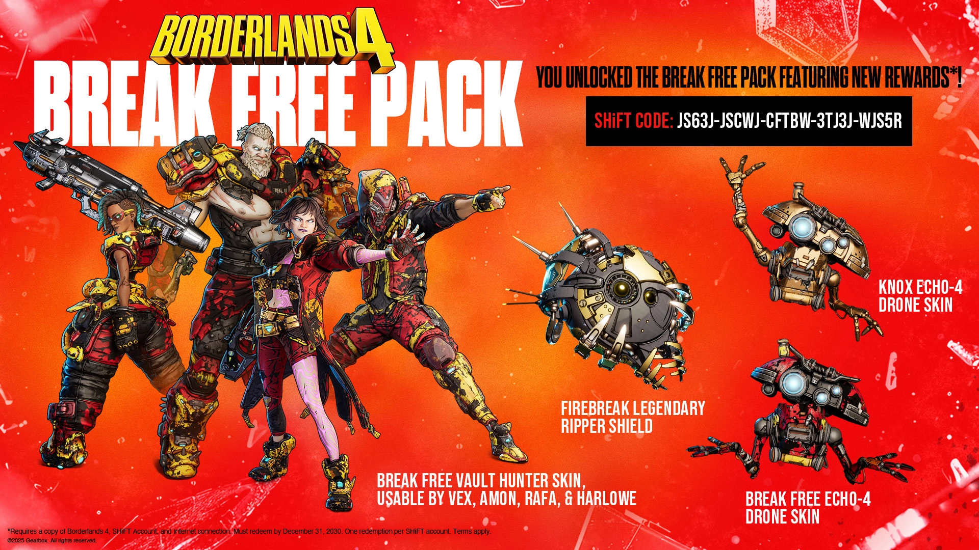 Borderlands 4 Break Free Pack promo showing characters, weapons, and ECHO-4 Drone Skins on a red background